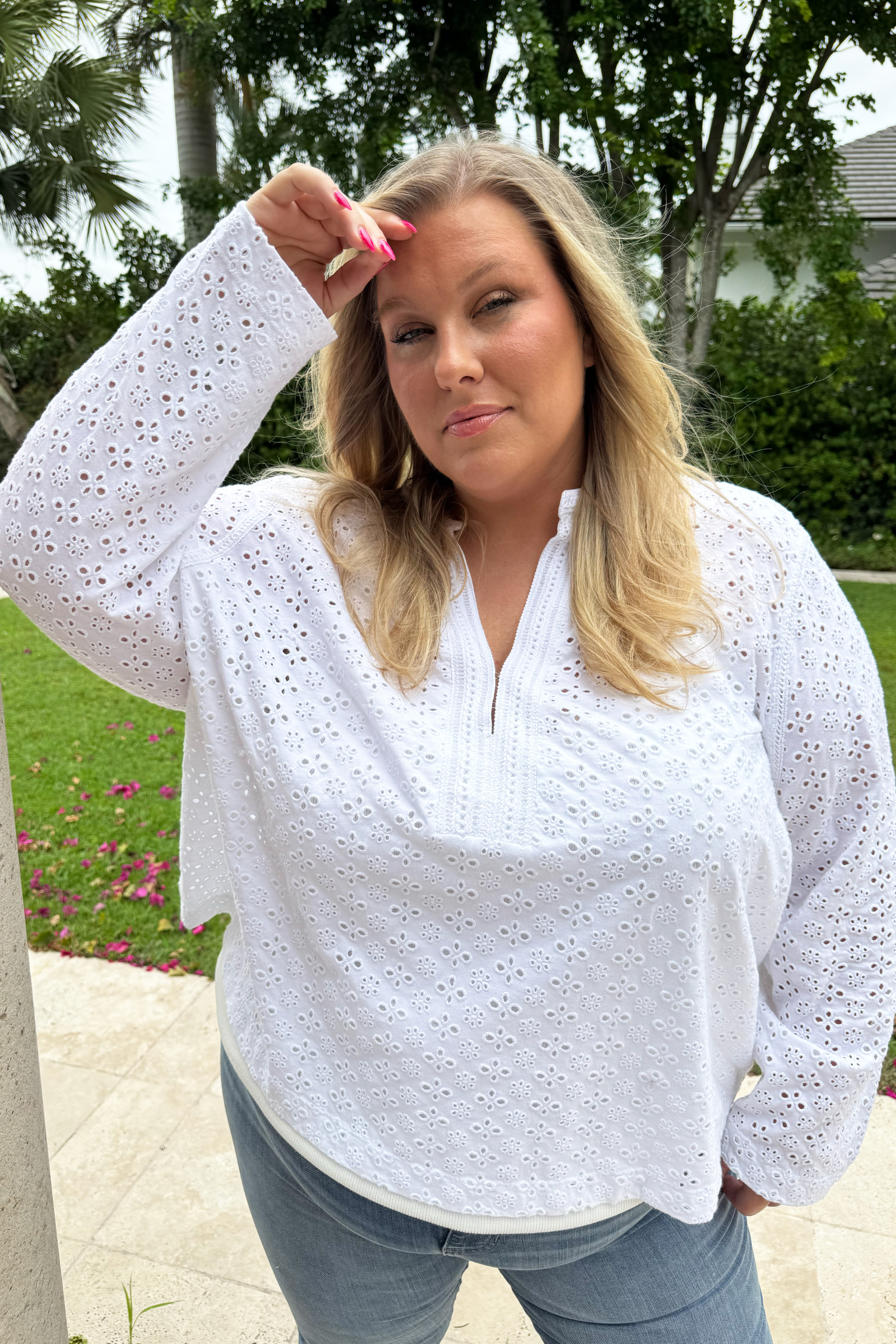 KNIT EYELET SPLIT NECK TOP plus-size - AMOUR781