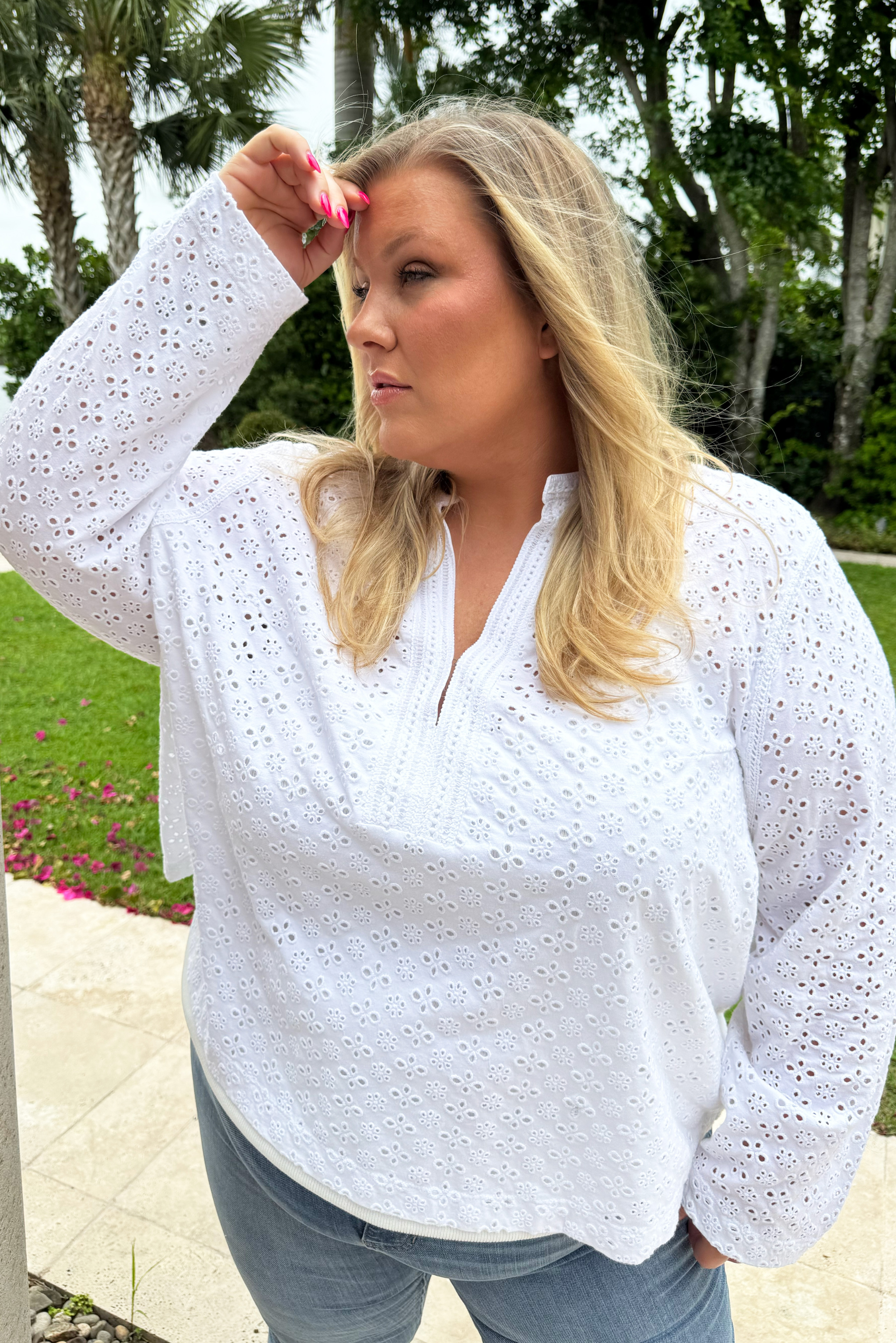 KNIT EYELET SPLIT NECK TOP plus-size - AMOUR781
