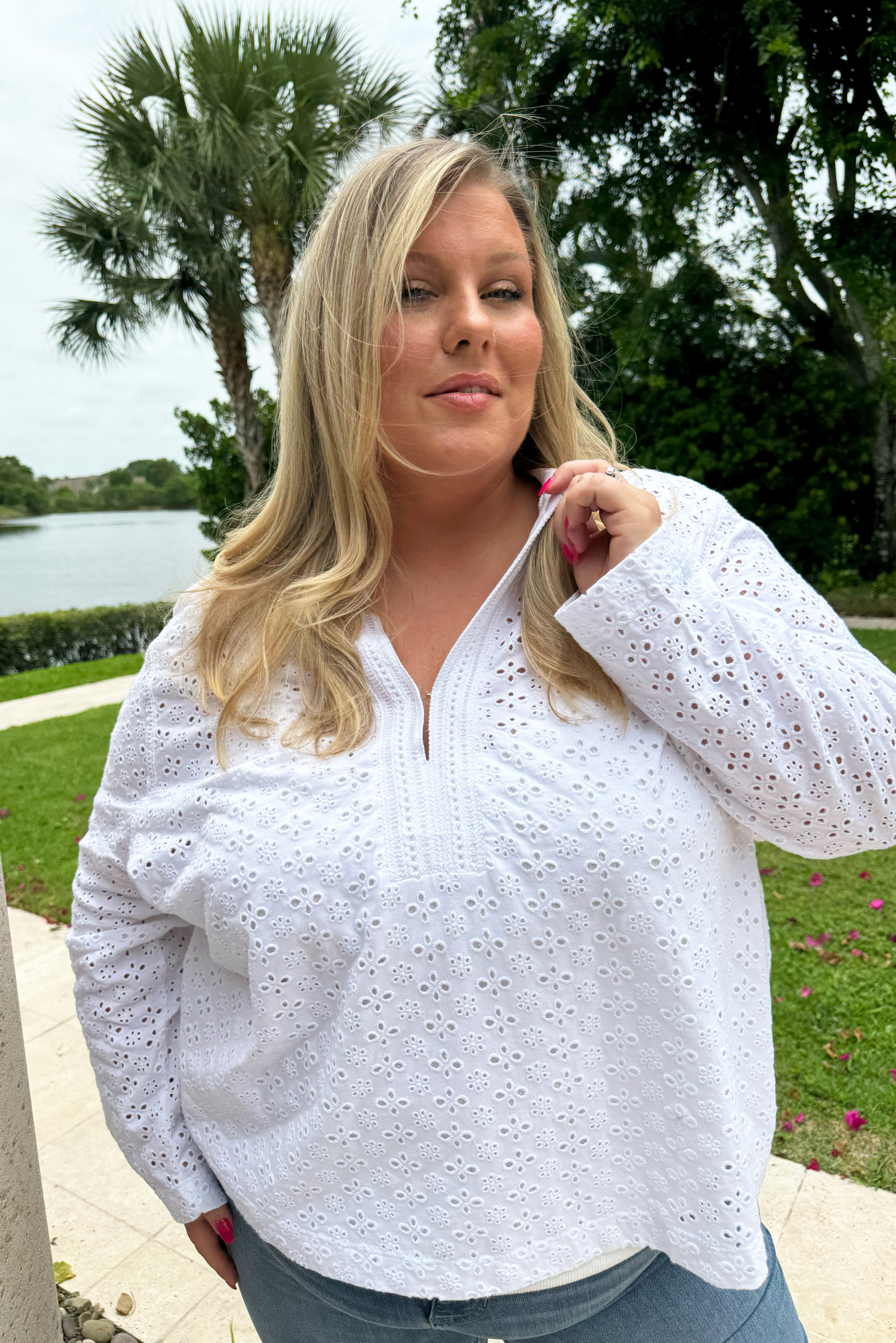 KNIT EYELET SPLIT NECK TOP plus-size - AMOUR781