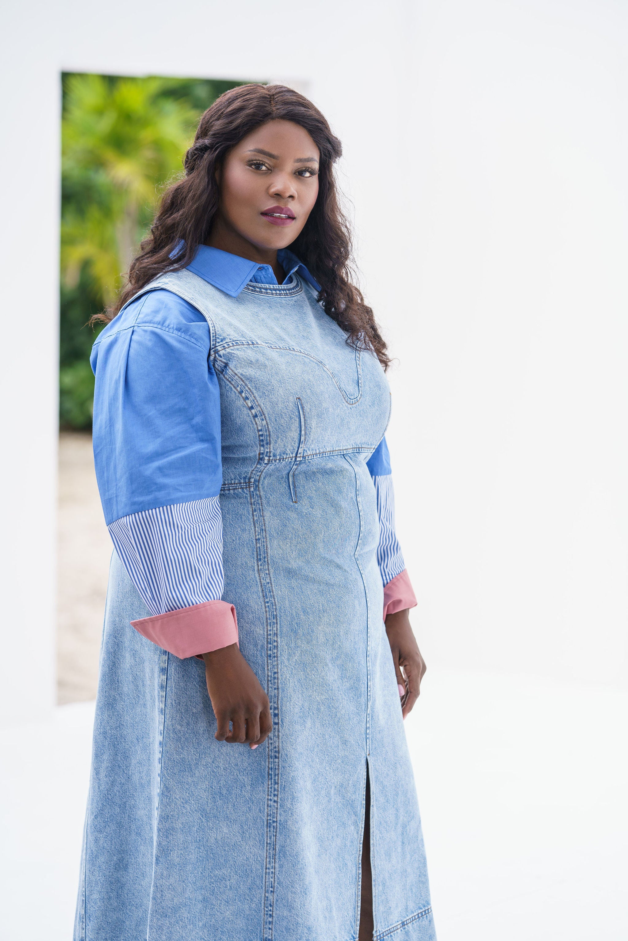 denim dress plus size women Tulle Paneled Maxi Ashley Stewart It is breathable and perfect for spring and summer wear Blue Plus-Size Long-Sleeve Bodycon Denim