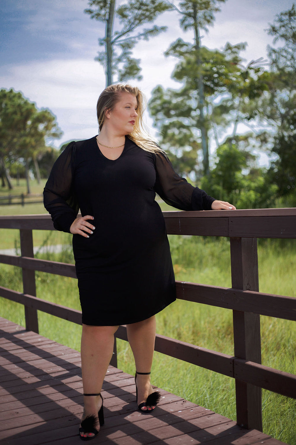 Karen Kane Women's Plus Size Sheer Sleeve Dress, Black, 1X Karen Kane Women's Plus Size Sheer Sleeve Dress, Black, 1X