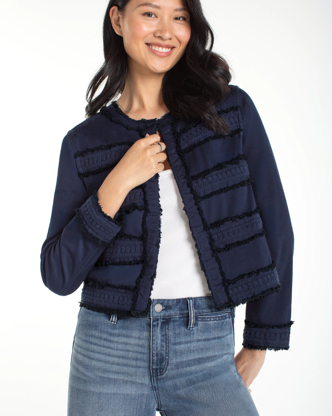 Collarless Jacket With Fray & Lace plus-size - AMOUR781