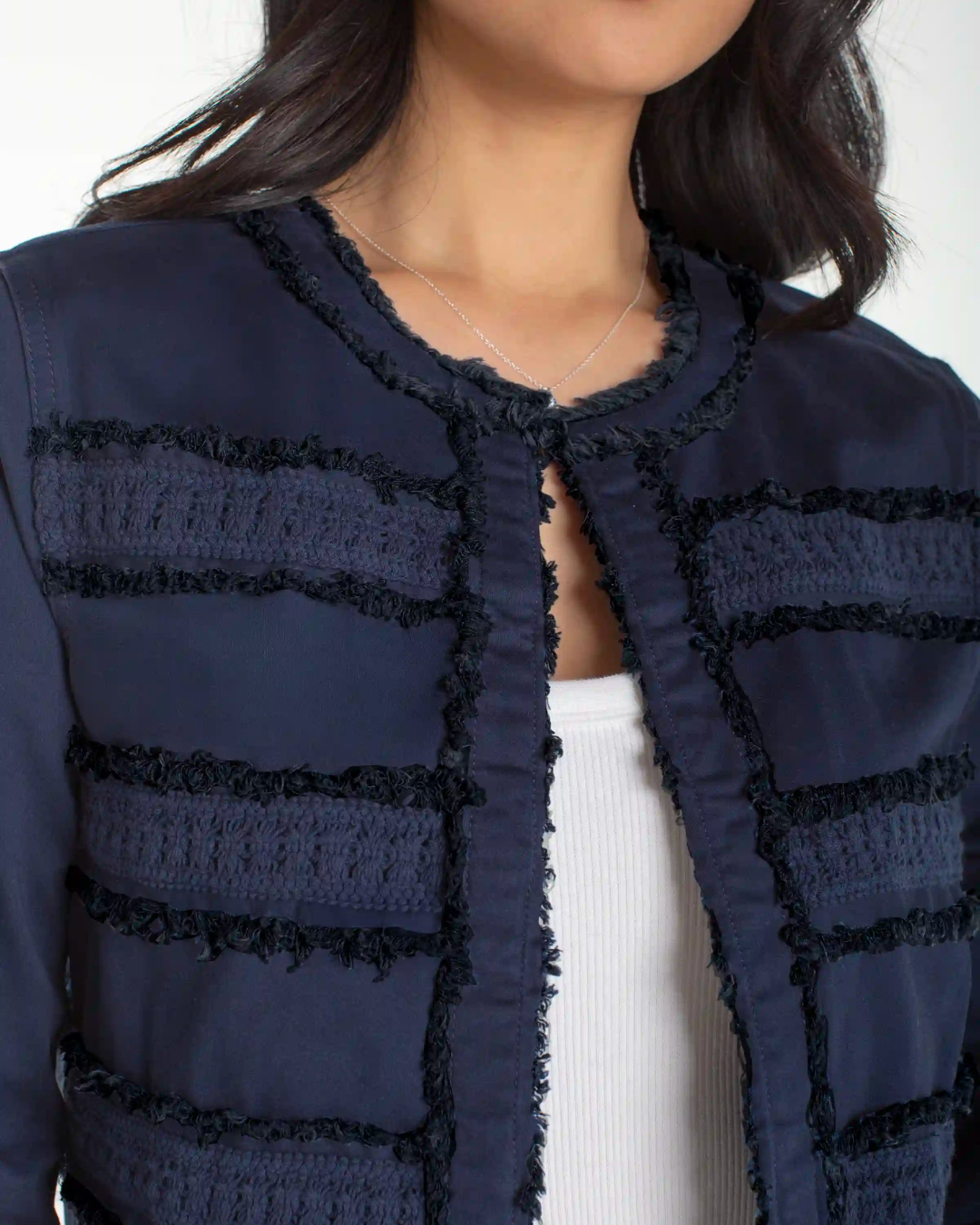 Collarless Jacket With Fray & Lace plus-size - AMOUR781