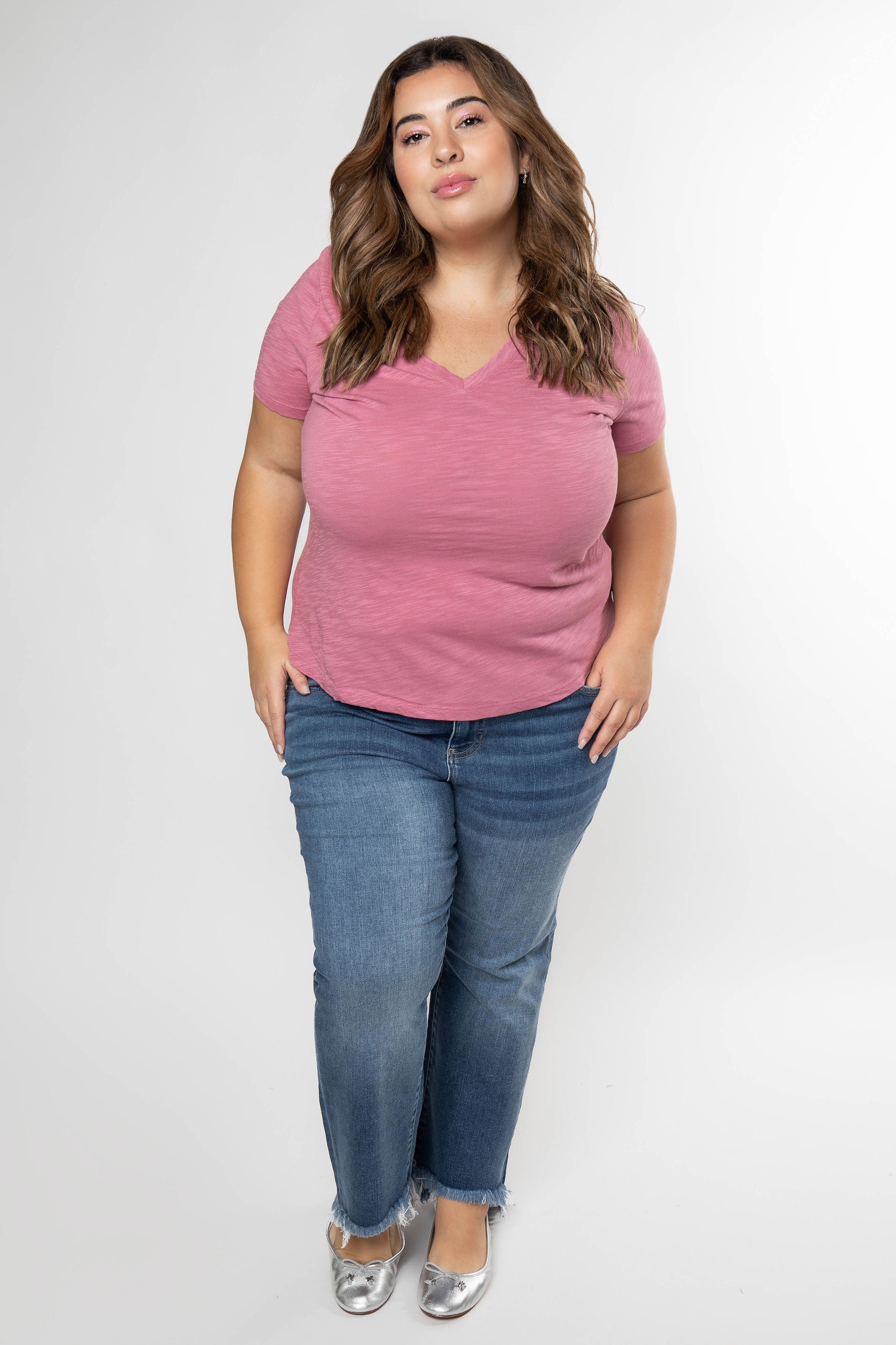 SLIM FIT V- NECK SLUB KNIT TEE plus-size - AMOUR781