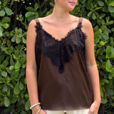 Sleeveless woven top with lace- Brown plus-size - AMOUR781