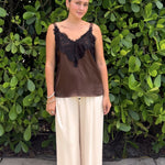 Sleeveless woven top with lace- Brown plus-size - AMOUR781