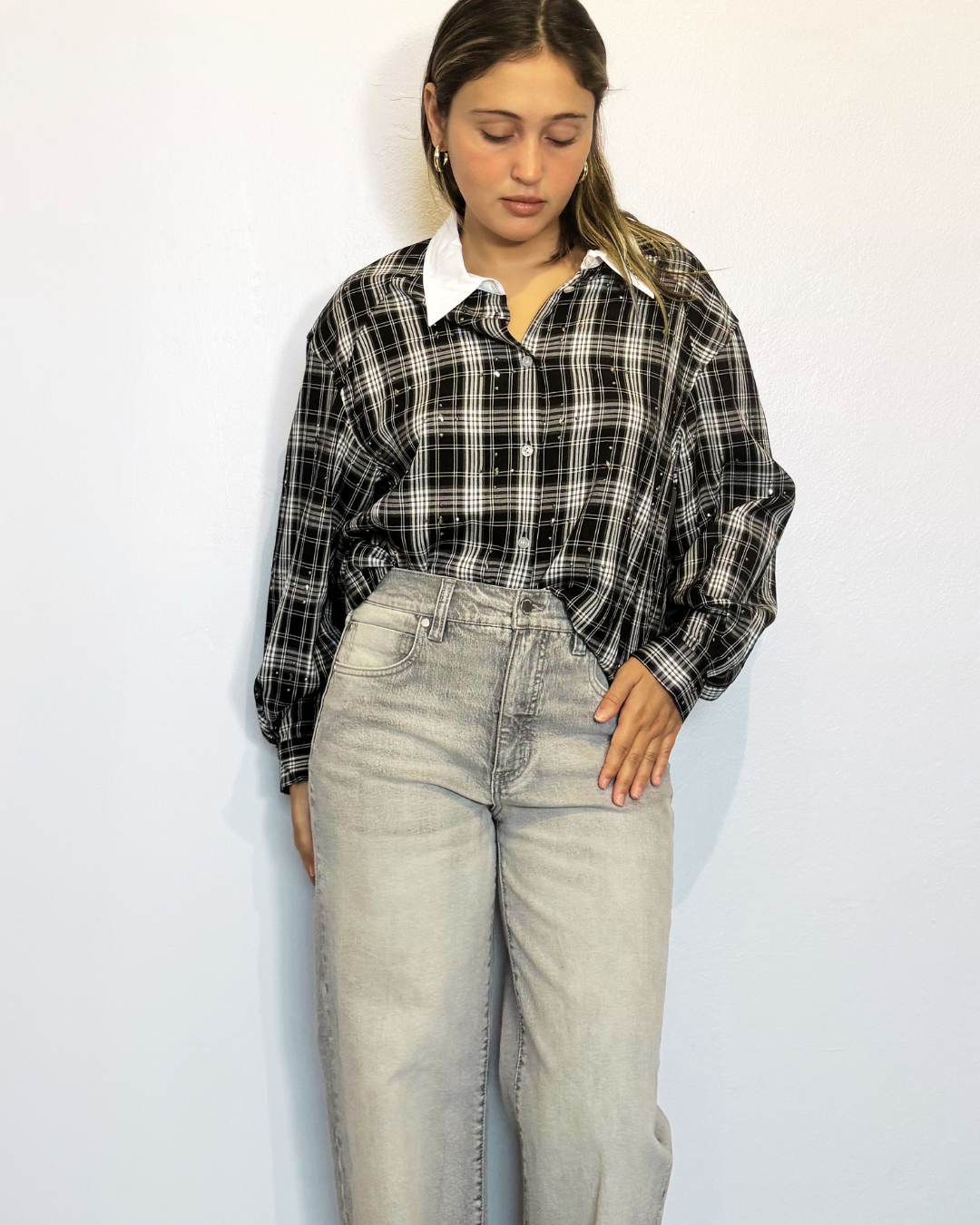 Cropped Stardust Shirt with Contrasting Collar plus-size - AMOUR781