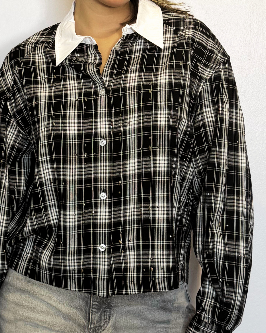 Cropped Stardust Shirt with Contrasting Collar plus-size - AMOUR781