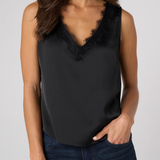 V-Neck Woven Tank with lace trim -Black