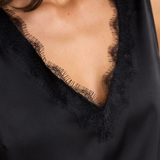 V-Neck Woven Tank with lace trim -Black