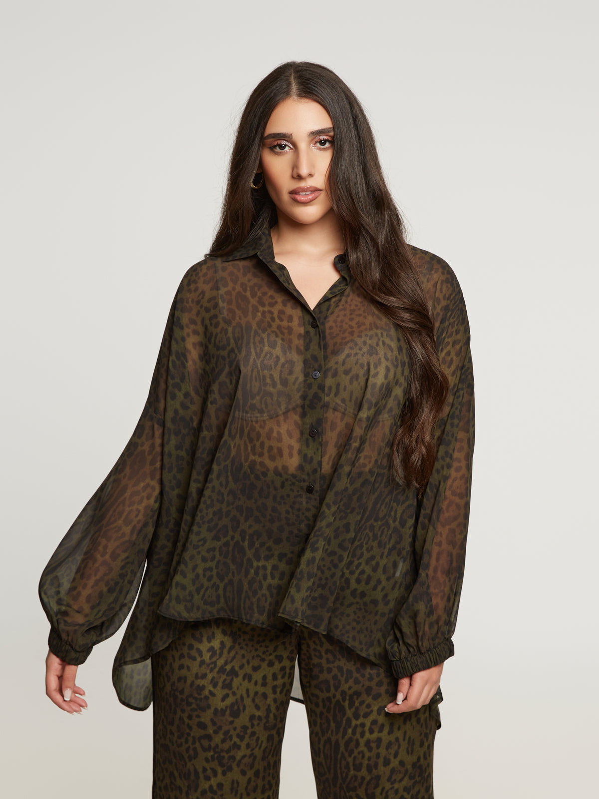 SHEER GREEN LEOPARD BUTTON UP plus-size - AMOUR781