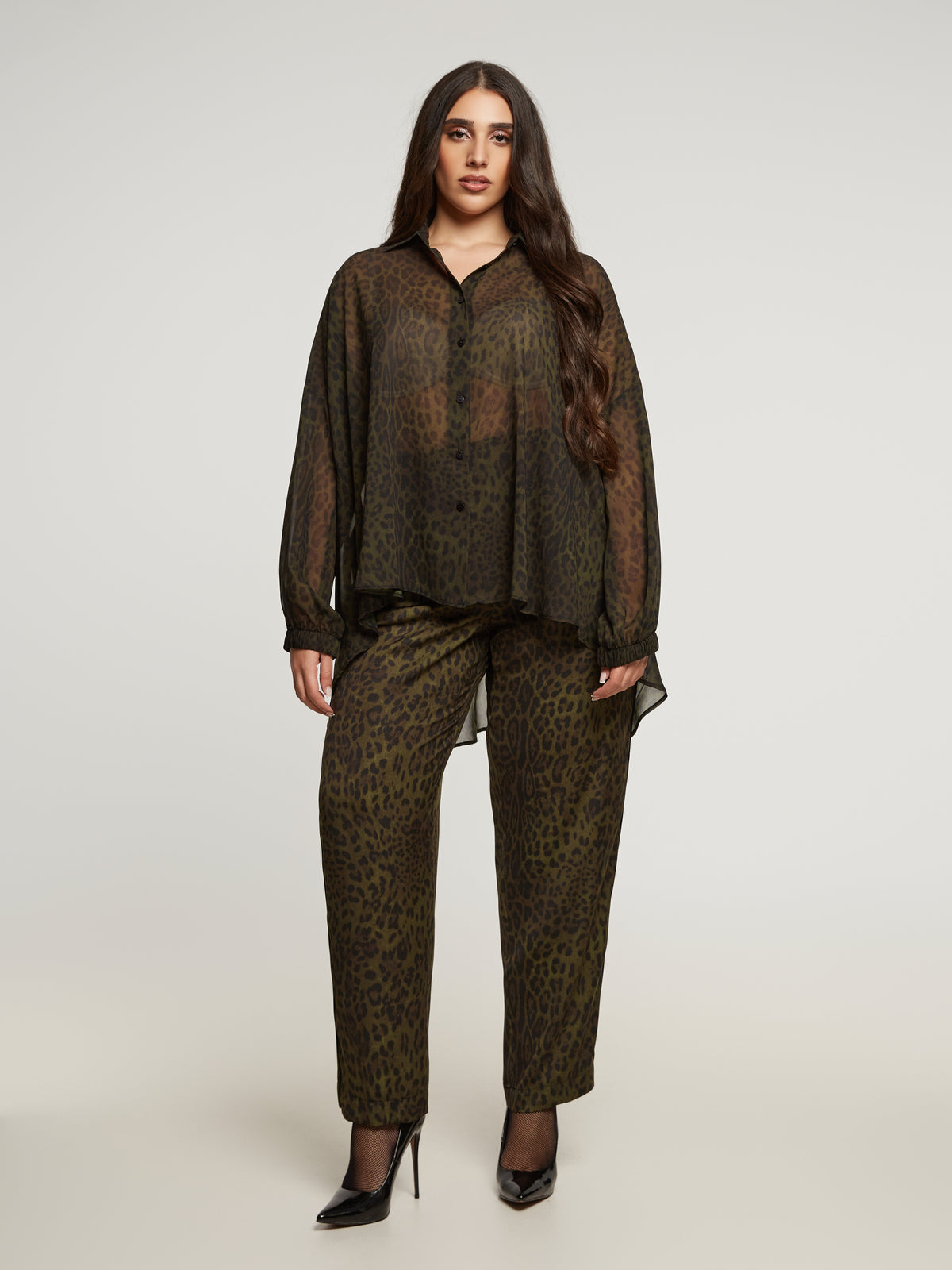 SHEER GREEN LEOPARD BUTTON UP plus-size - AMOUR781