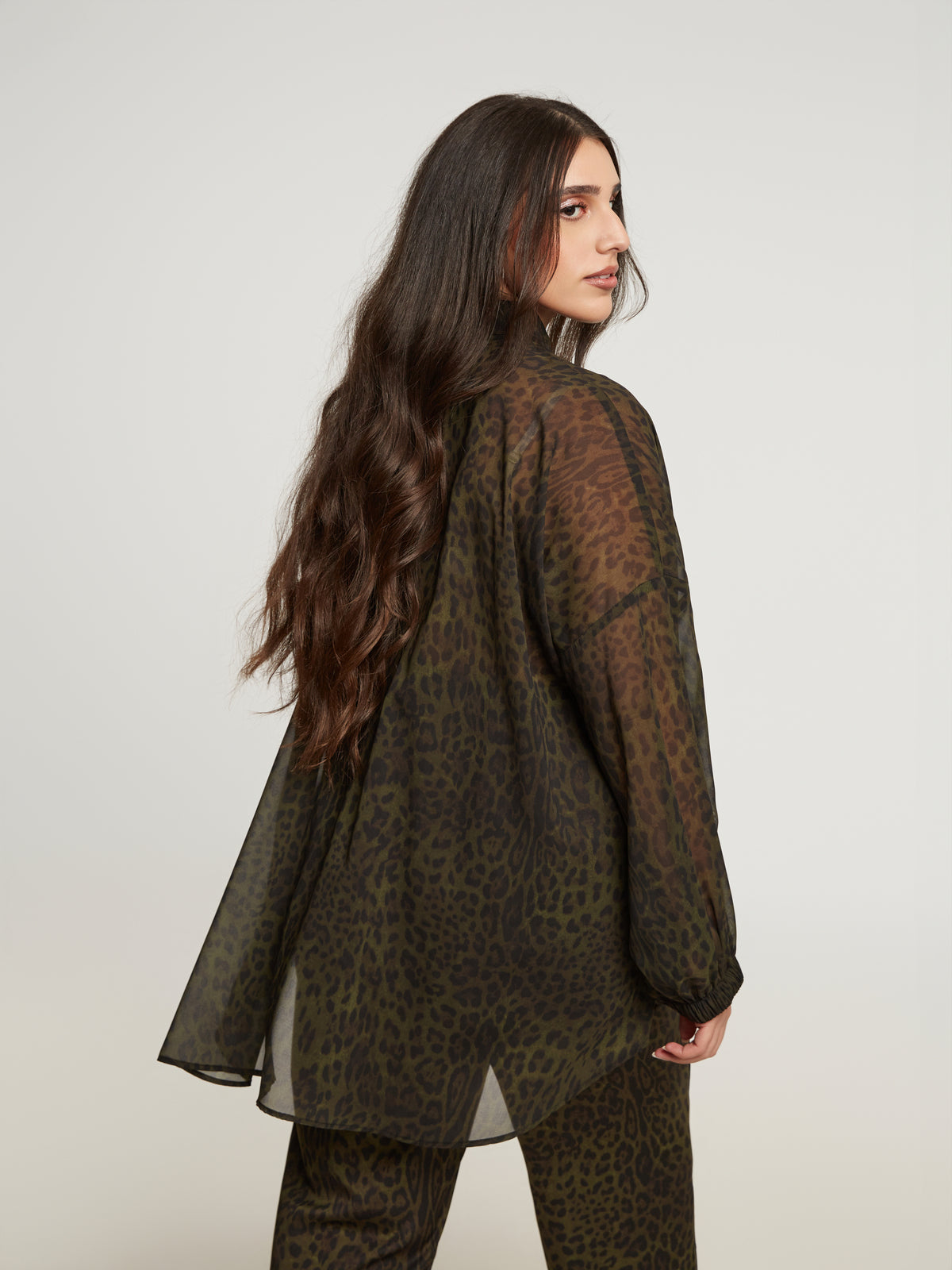 SHEER GREEN LEOPARD BUTTON UP plus-size - AMOUR781
