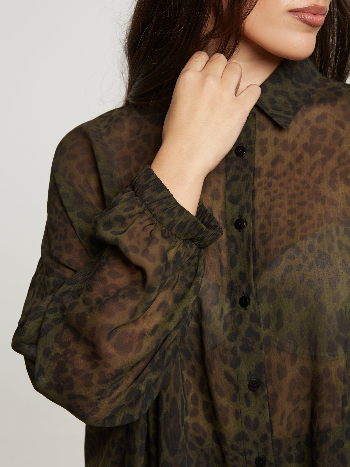 SHEER GREEN LEOPARD BUTTON UP plus-size - AMOUR781