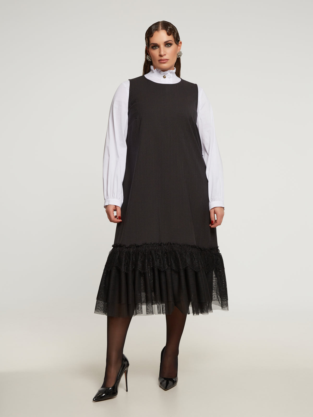 PINSTRIPE SHIFT DRESS WITH LACE HEM plus-size - AMOUR781