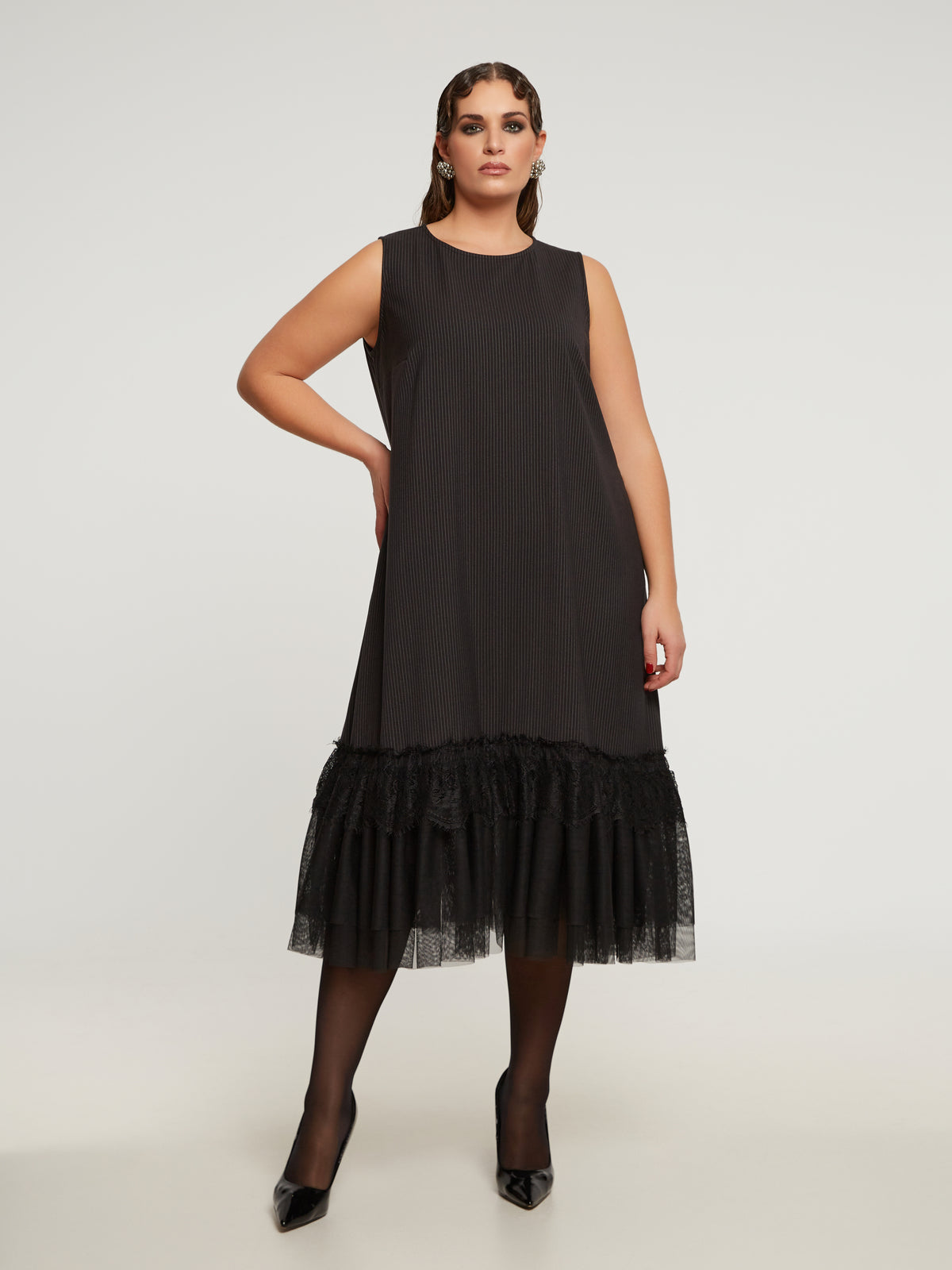 PINSTRIPE SHIFT DRESS WITH LACE HEM plus-size - AMOUR781