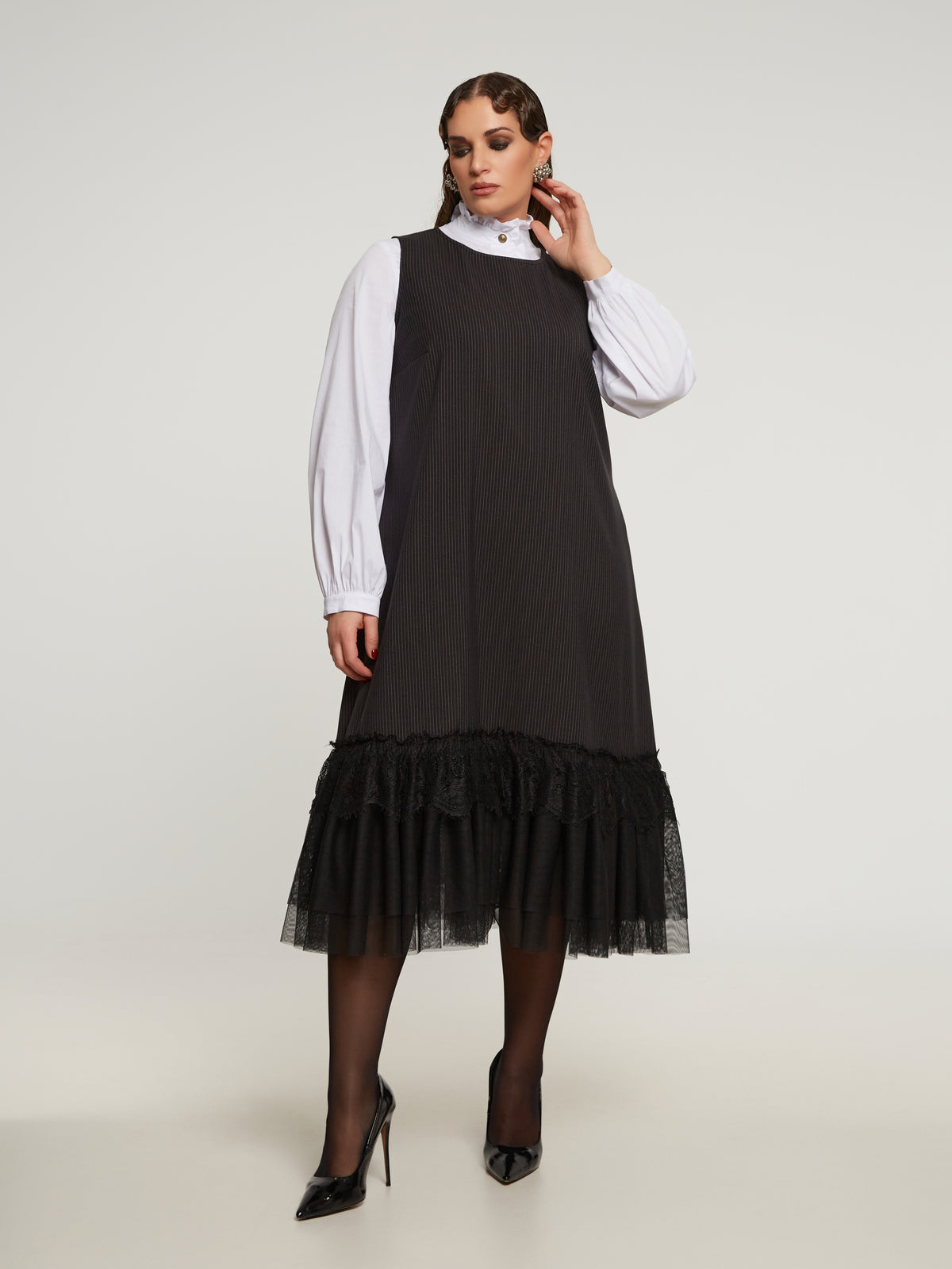 PINSTRIPE SHIFT DRESS WITH LACE HEM, 0X / Navy by mat AMOUR781 PINSTRIPE SHIFT DRESS WITH LACE HEM, 0X / Navy by mat AMOUR781