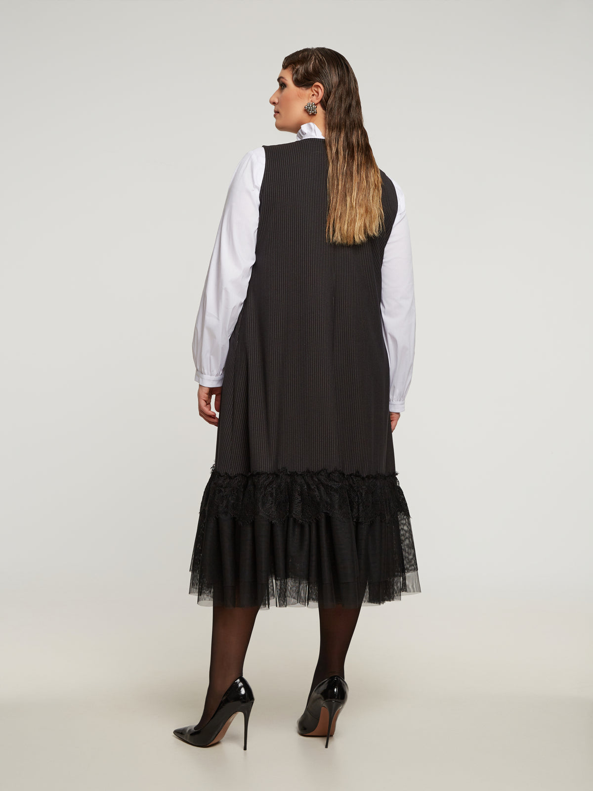 PINSTRIPE SHIFT DRESS WITH LACE HEM, 0X / Navy by mat AMOUR781 PINSTRIPE SHIFT DRESS WITH LACE HEM, 0X / Navy by mat AMOUR781