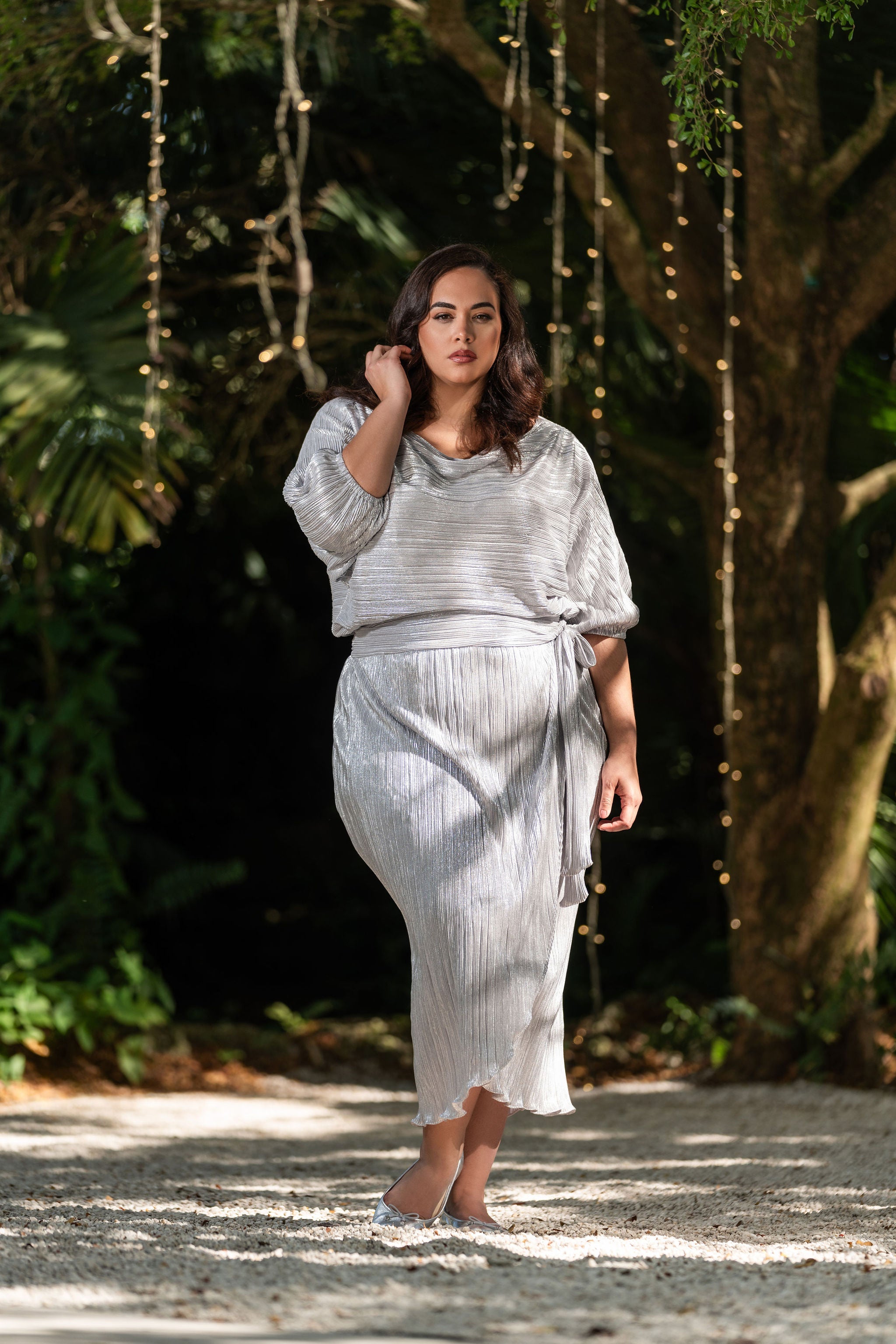 never fully dressed silver plisse dress Pliss-effect Long-sleeve Midi Dress