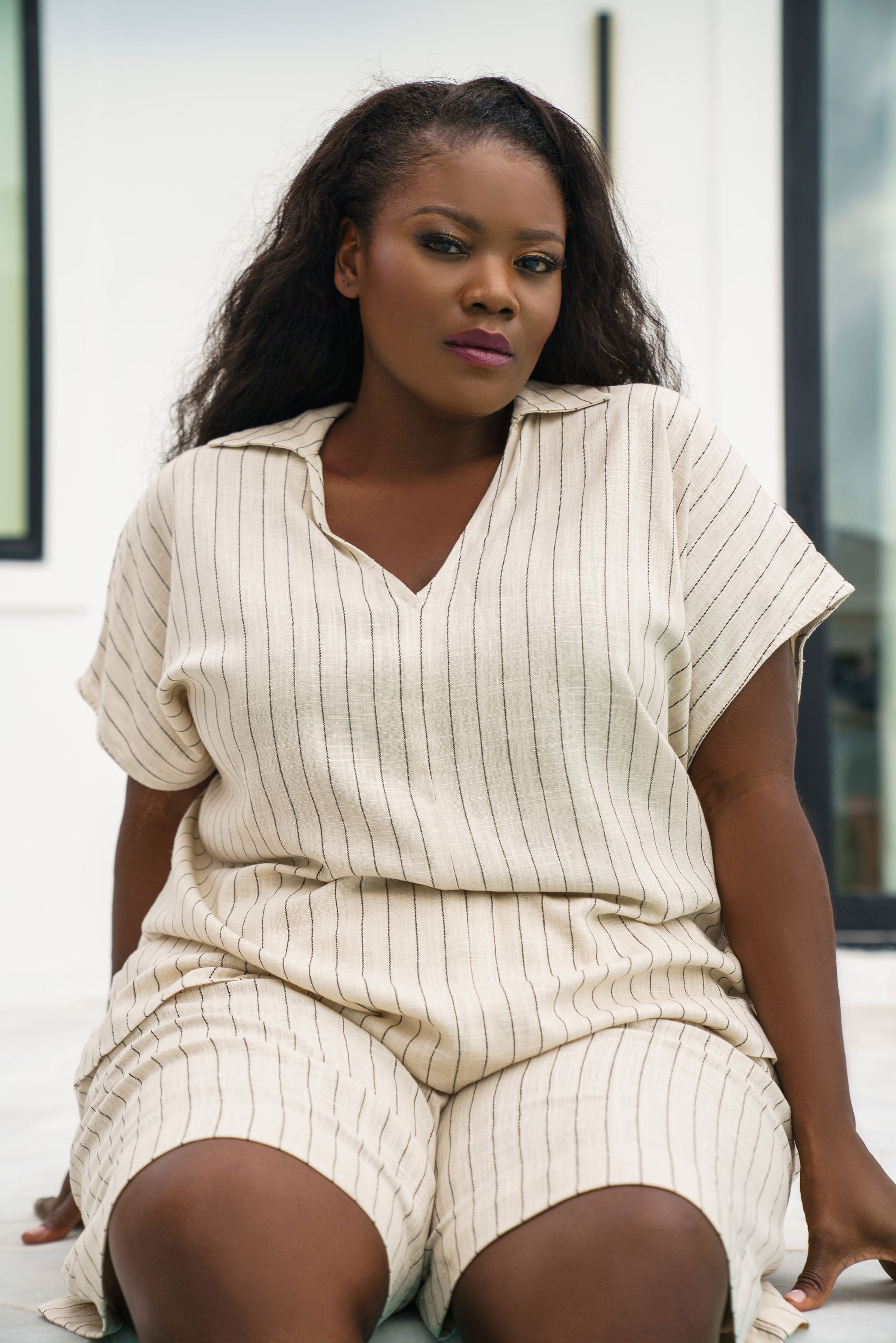 STRIPPED LINEN BLEND SHORTS plus-size - AMOUR781