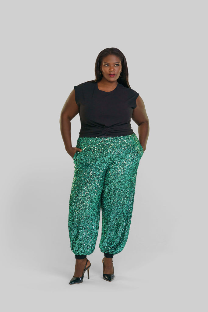 SEQUIN GREEN JOGGERS - AMOUR781