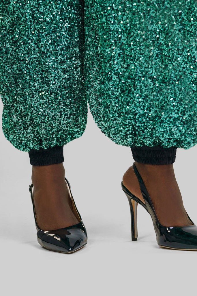 SEQUIN GREEN JOGGERS - AMOUR781