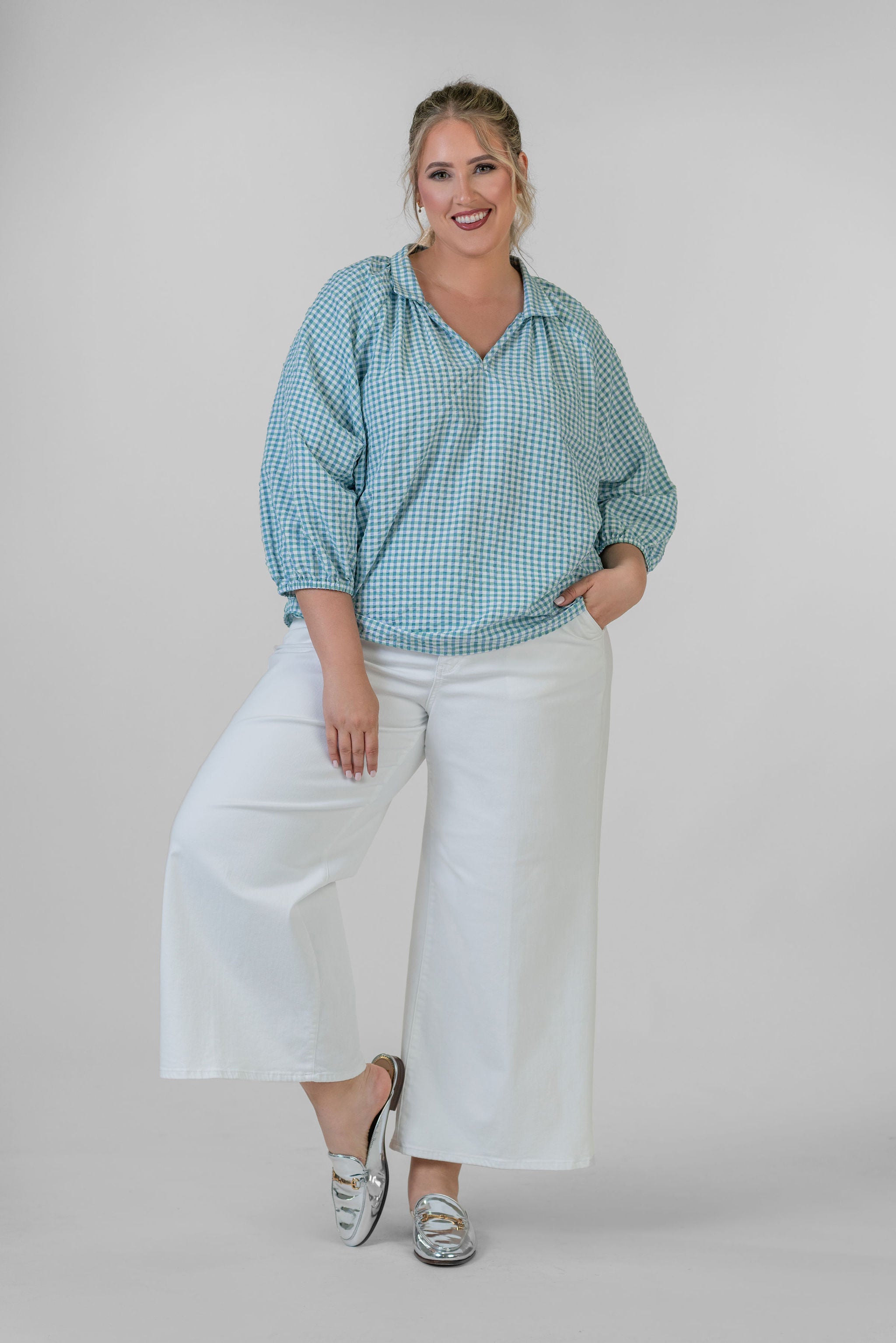 FLOATY BLOUSON-SLEEVE SEERSUCKER TOP plus-size - AMOUR781