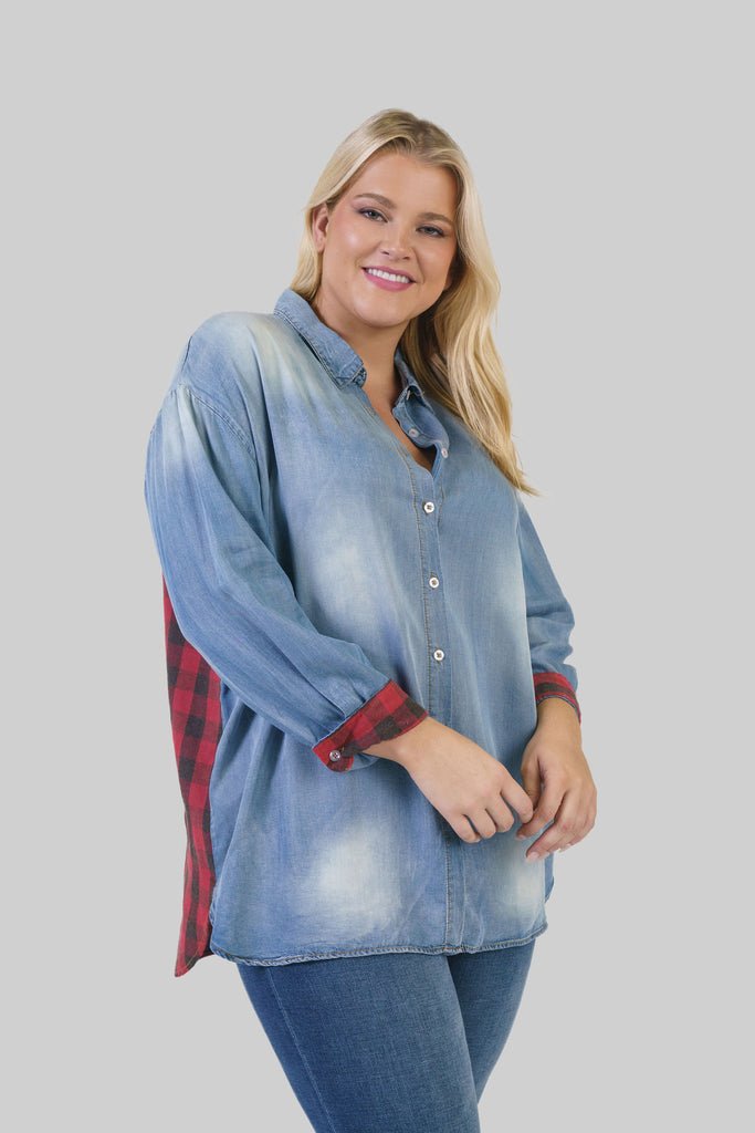 DENIM BUTTON DOWN WITH PLAID BACK - AMOUR781