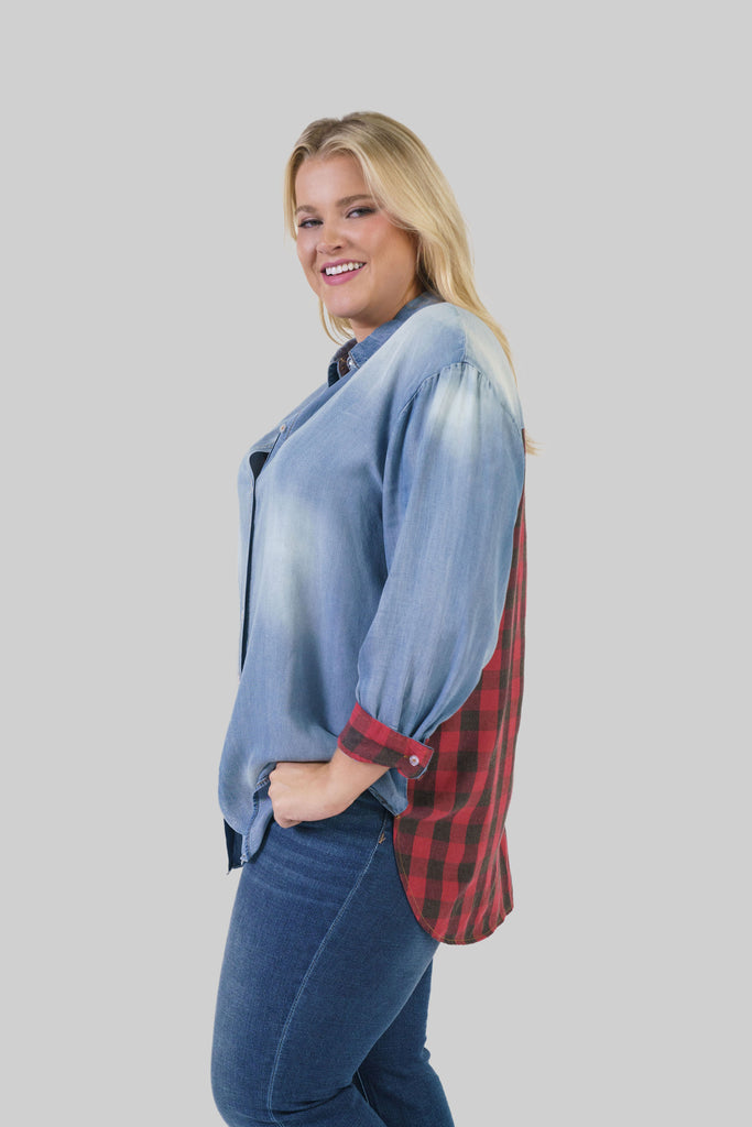 DENIM BUTTON DOWN WITH PLAID BACK - AMOUR781