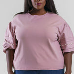 Plus size, pearl top is elevated take on an everyday cotton top