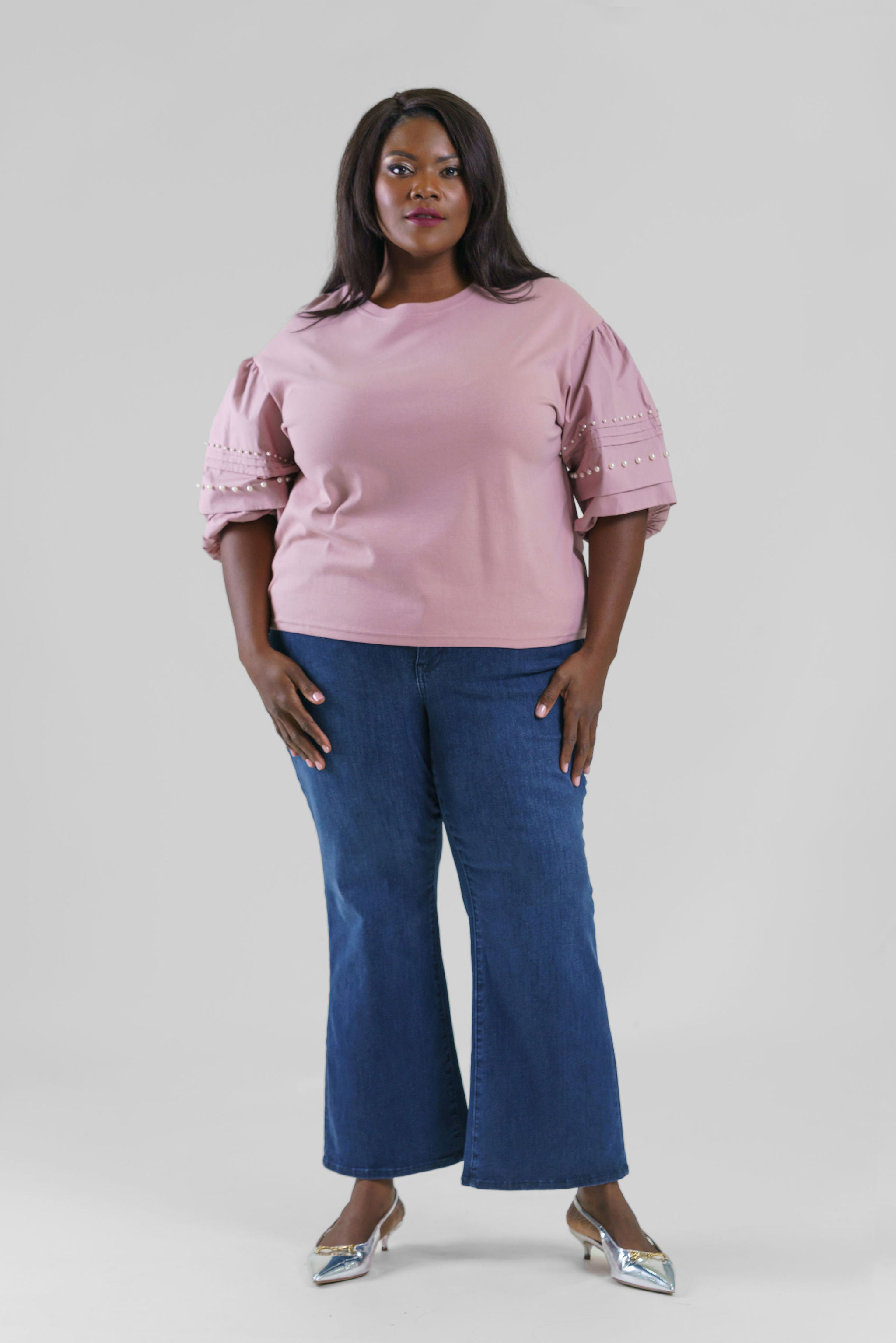 Plus size, pearl top is elevated take on an everyday cotton top