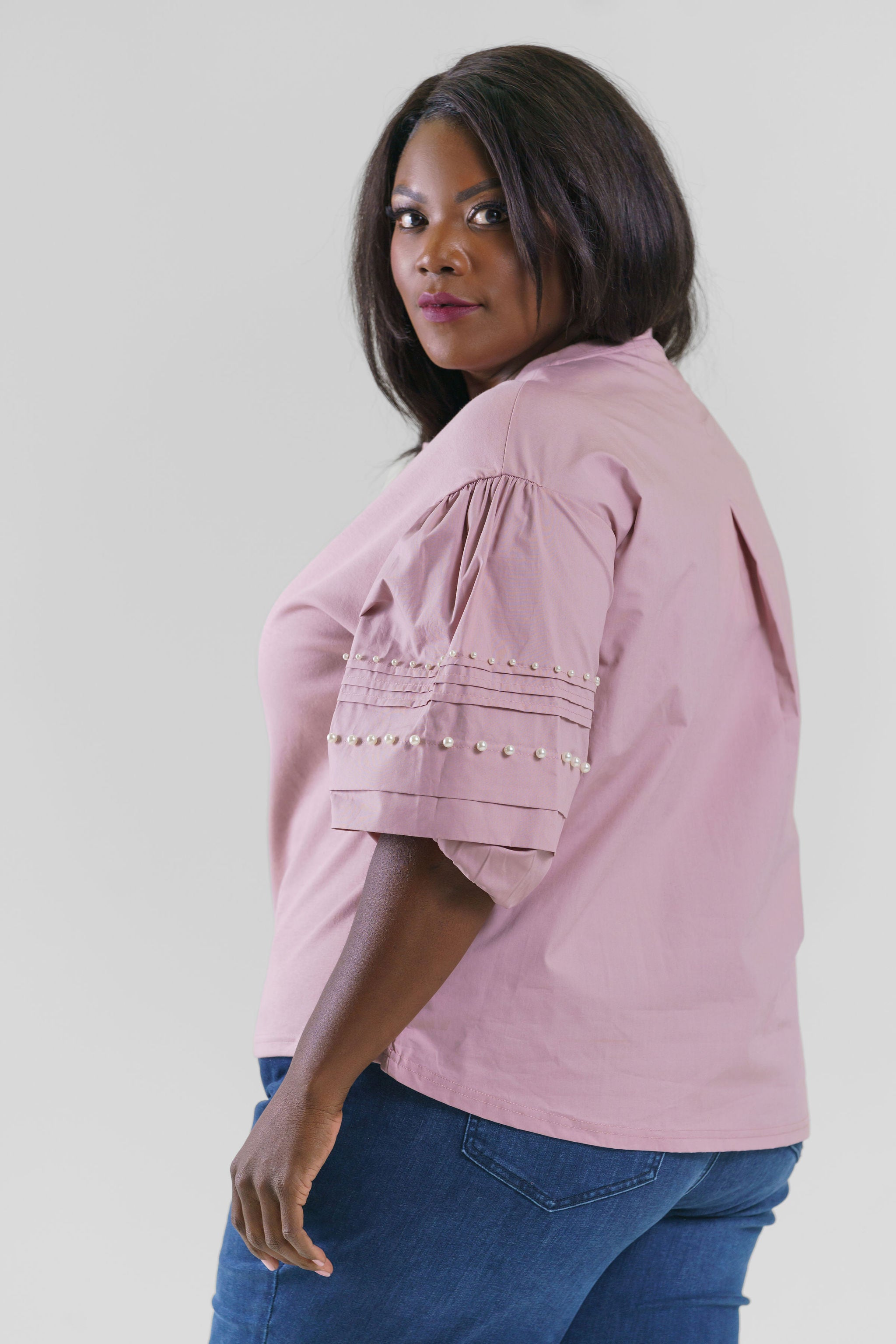 Plus size, pearl top is elevated take on an everyday cotton top