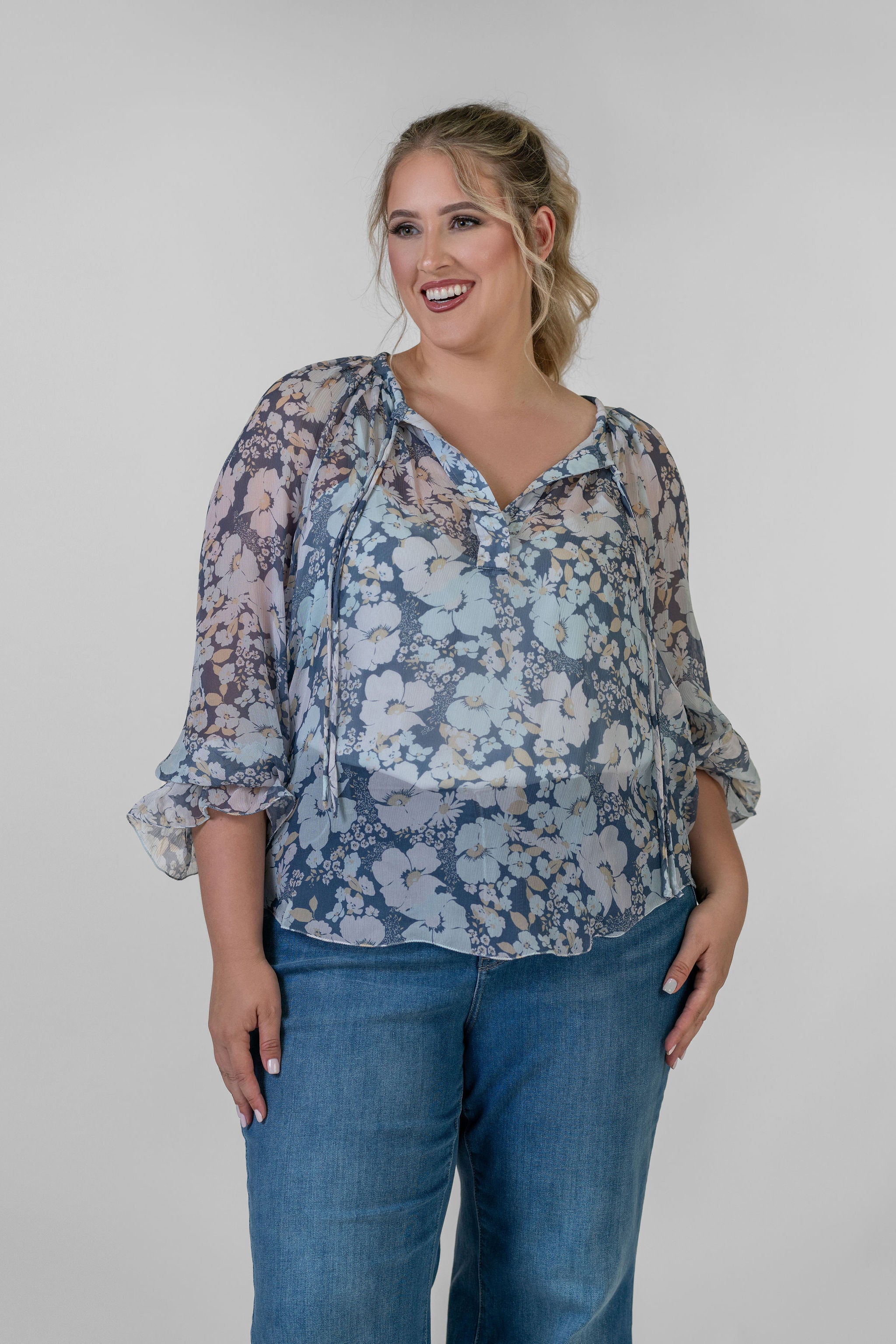 BRIGITTA LONG SLEEVE SILK TOP plus-size - AMOUR781