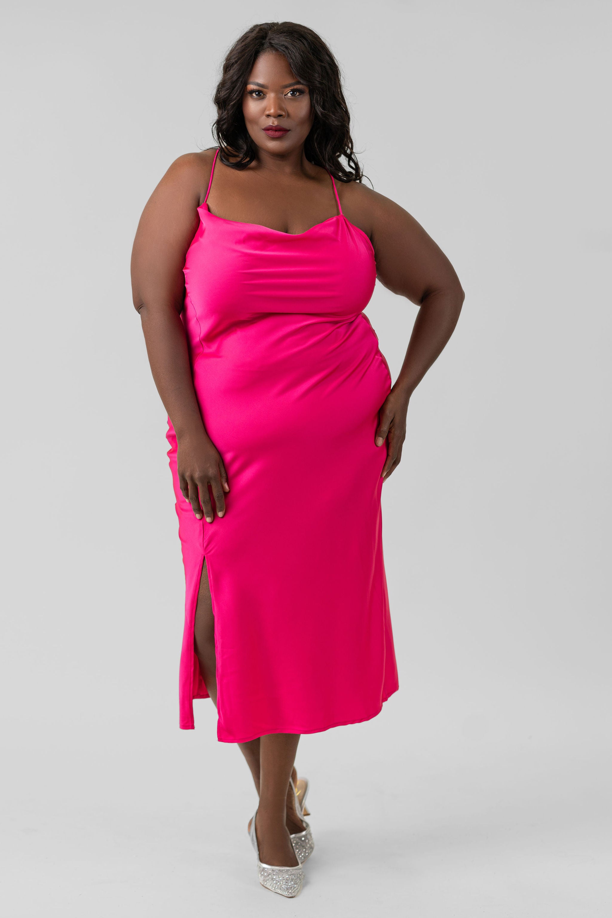 Plus Size Neon Pink Strappy Dress COWL SLIT SLIP DRESS, XXXL Hot Pink By KILO Brava AMOUR781 Plus Size Neon Pink Strappy Dress COWL SLIT SLIP DRESS, XXXL Hot Pink By KILO Brava AMOUR781