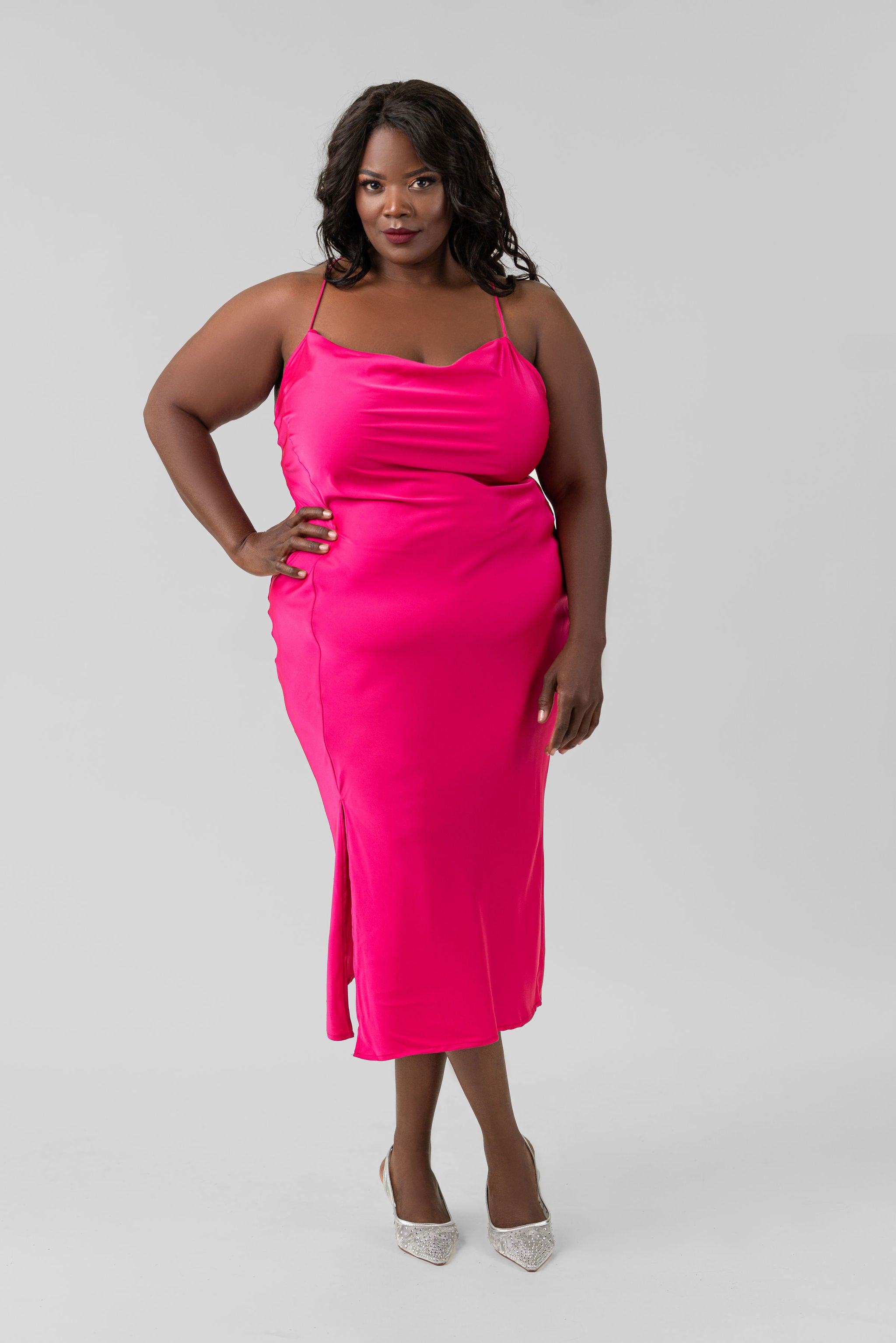 COWL SLIT SLIP DRESS, XXXL / Hot Pink by KILO Brava AMOUR781 COWL SLIT SLIP DRESS, XXXL / Hot Pink by KILO Brava AMOUR781