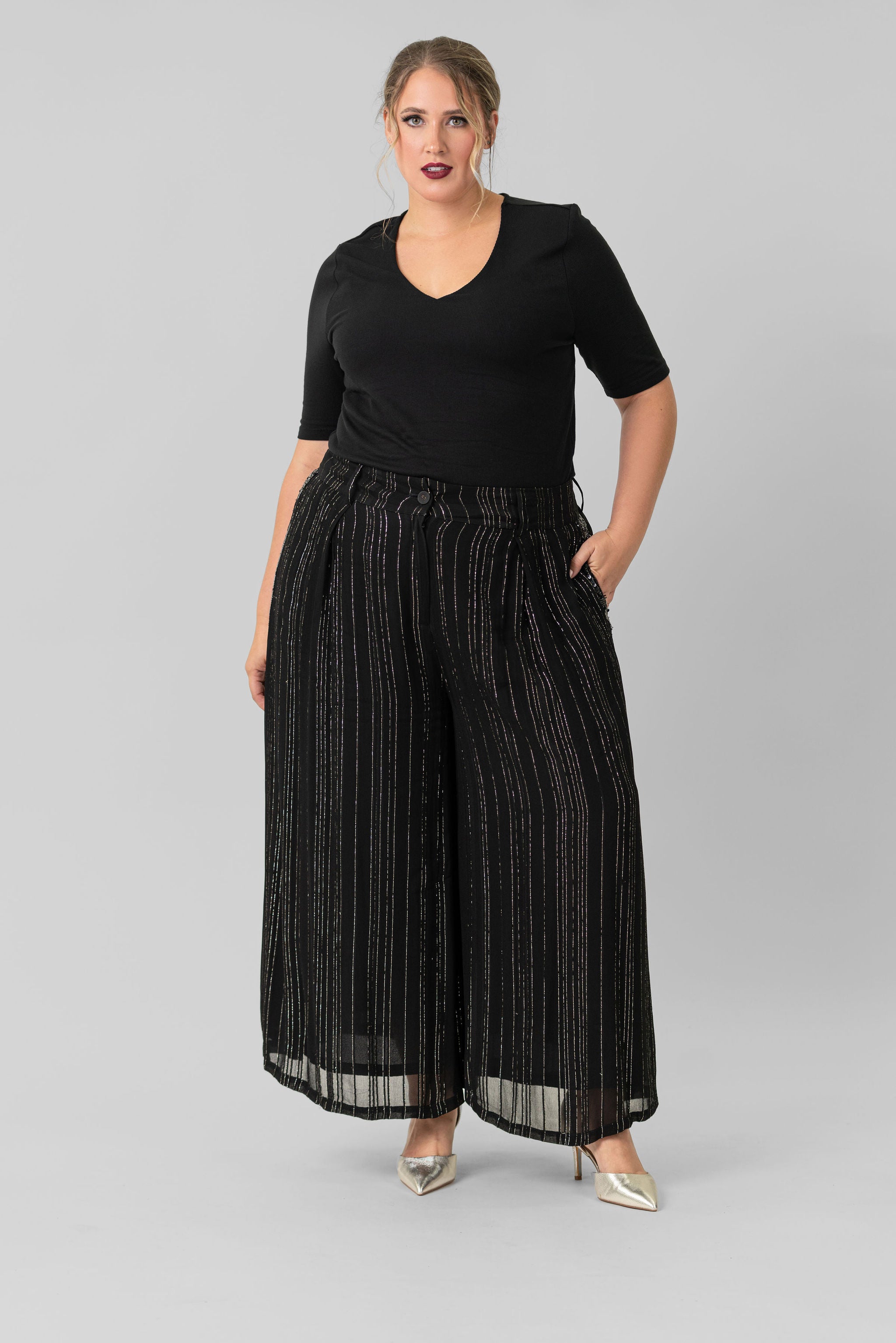 WIDE LEG TROUSER WITH GOLD AND SEQUIN plus-size - AMOUR781