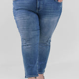 Plus size denim, destruction finish at the back hem