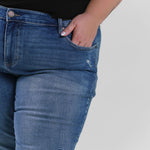 Plus size denim, destruction finish at the back hem