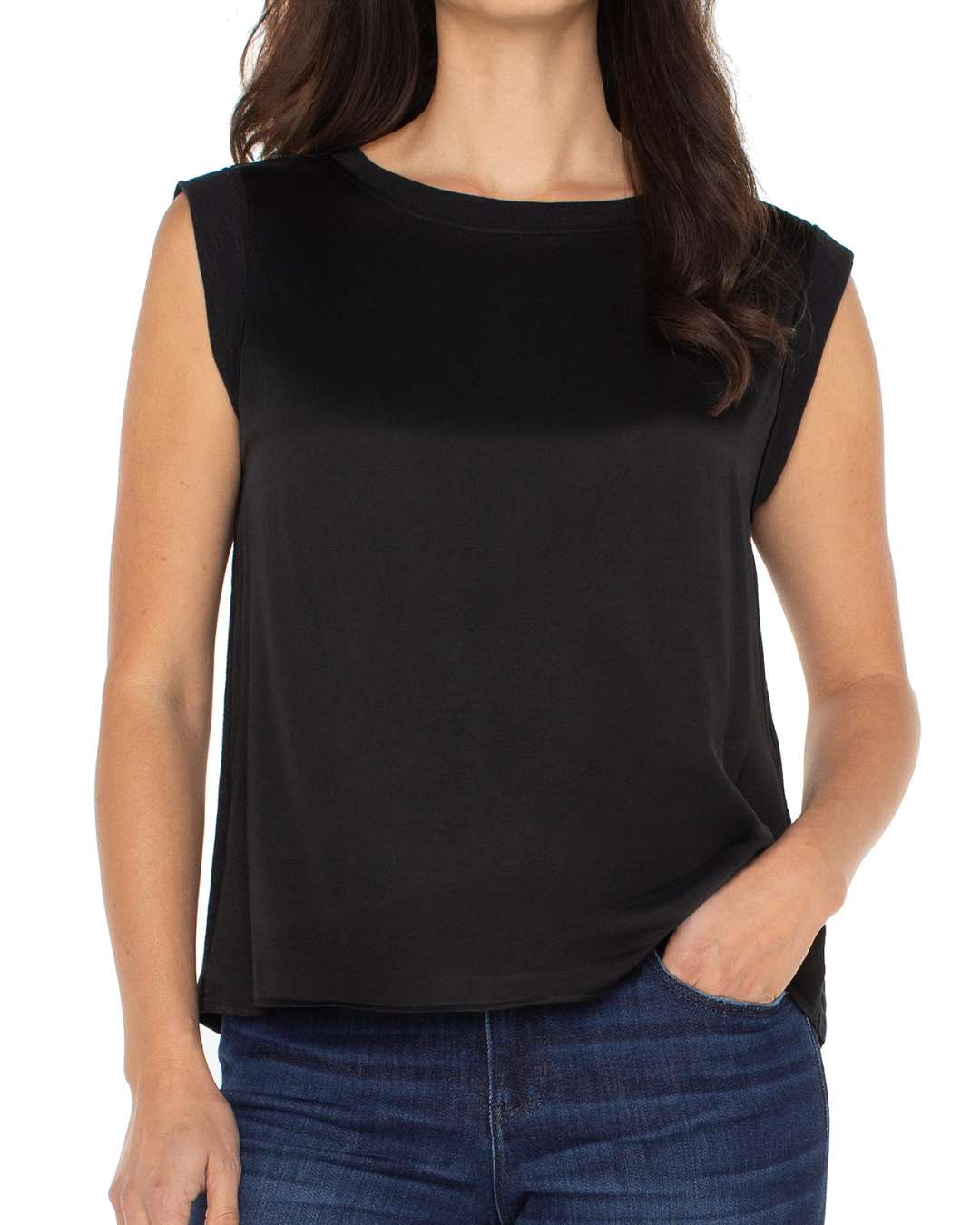 SLEEVELESS WOVEN TO KNIT TOP plus-size - AMOUR781