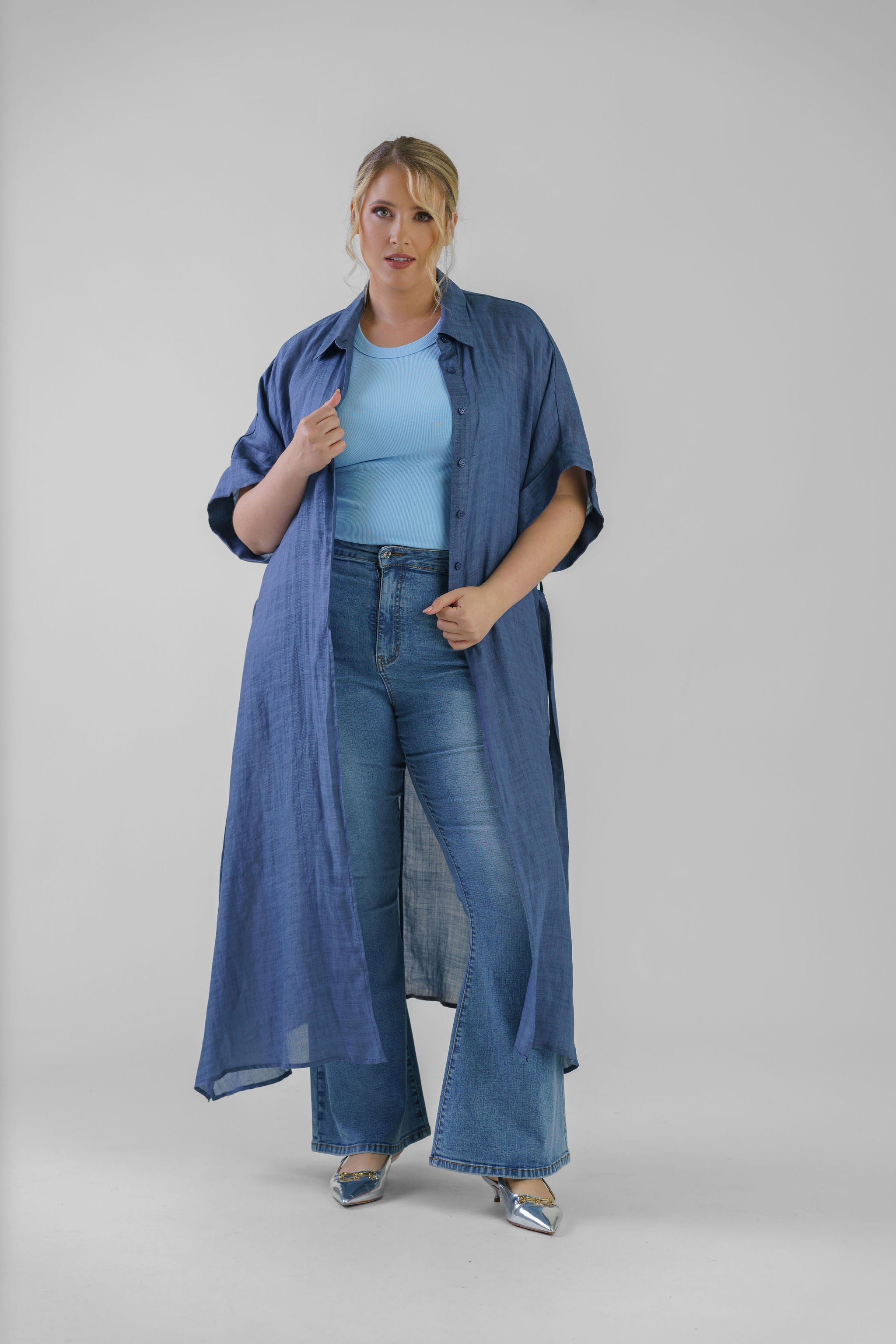 COLLARED BUTTON UP MAXI DUSTER plus-size - AMOUR781