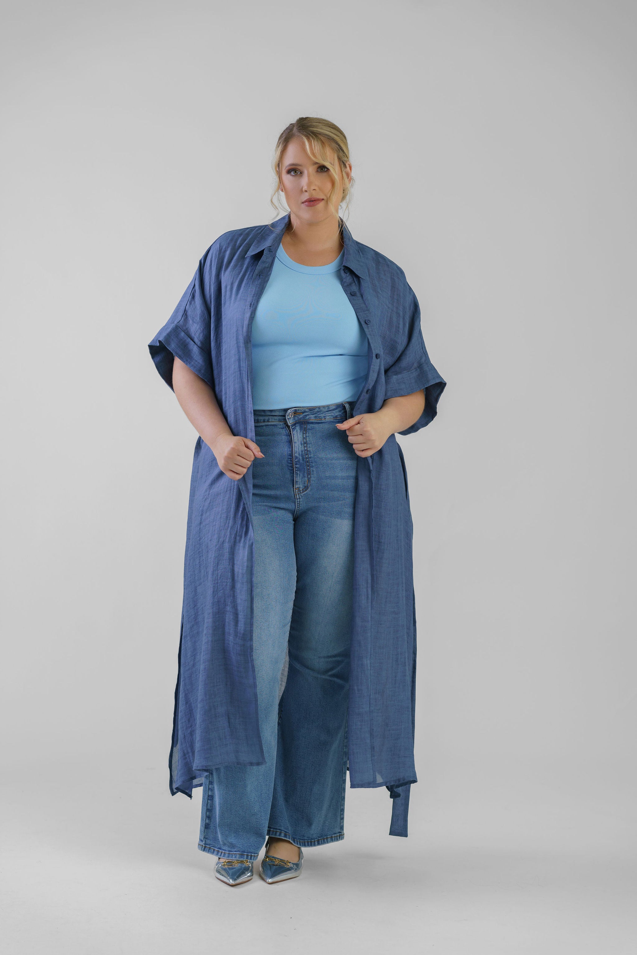 COLLARED BUTTON UP MAXI DUSTER plus-size - AMOUR781