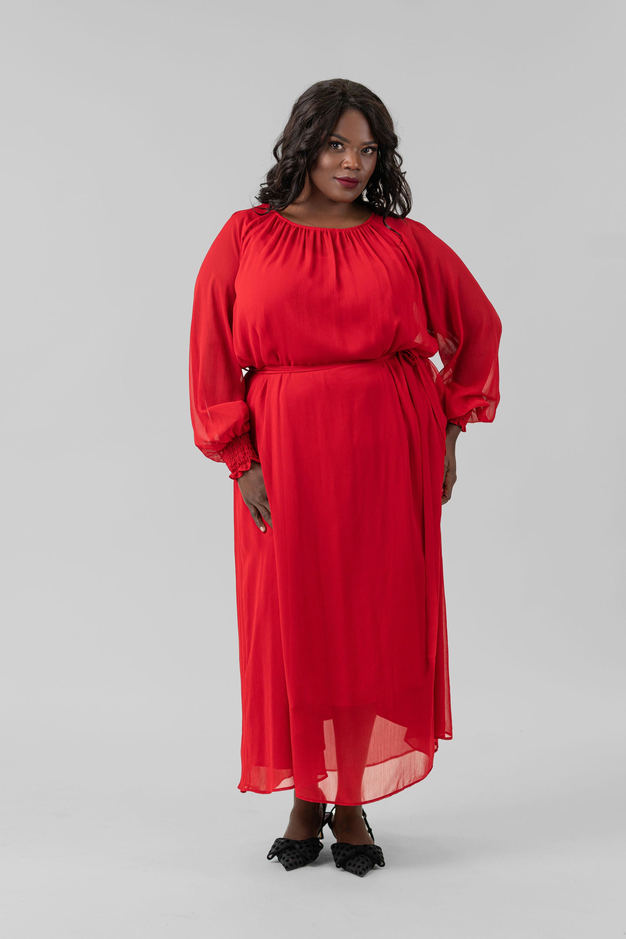RED LONG SLEEVE GEORGETTE DRESS, 1X/2X / RED by mat AMOUR781 RED LONG SLEEVE GEORGETTE DRESS, 1X/2X / RED by mat AMOUR781