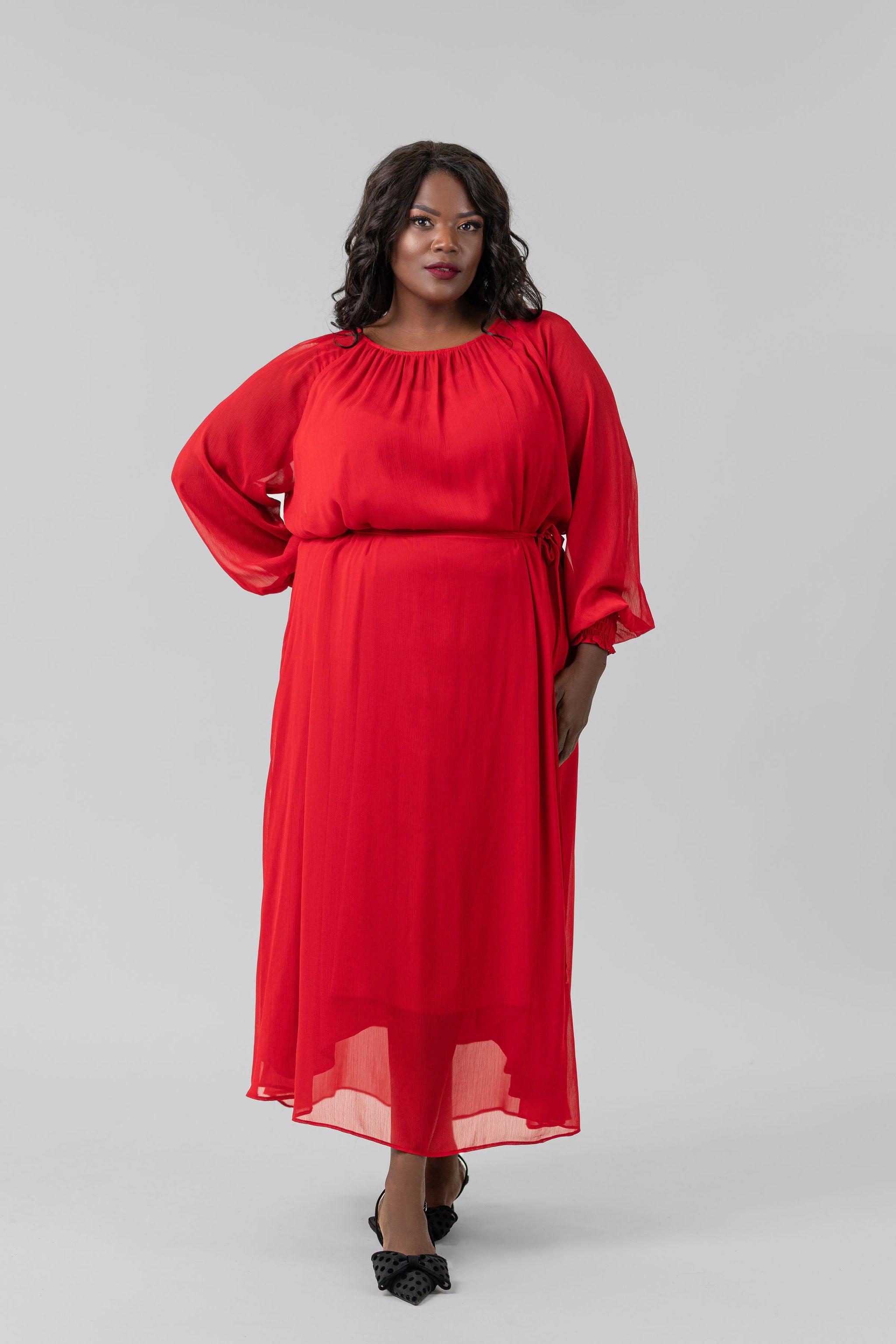 RED LONG SLEEVE GEORGETTE DRESS plus-size - AMOUR781