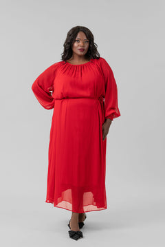 RED LONG SLEEVE GEORGETTE DRESS plus-size - AMOUR781