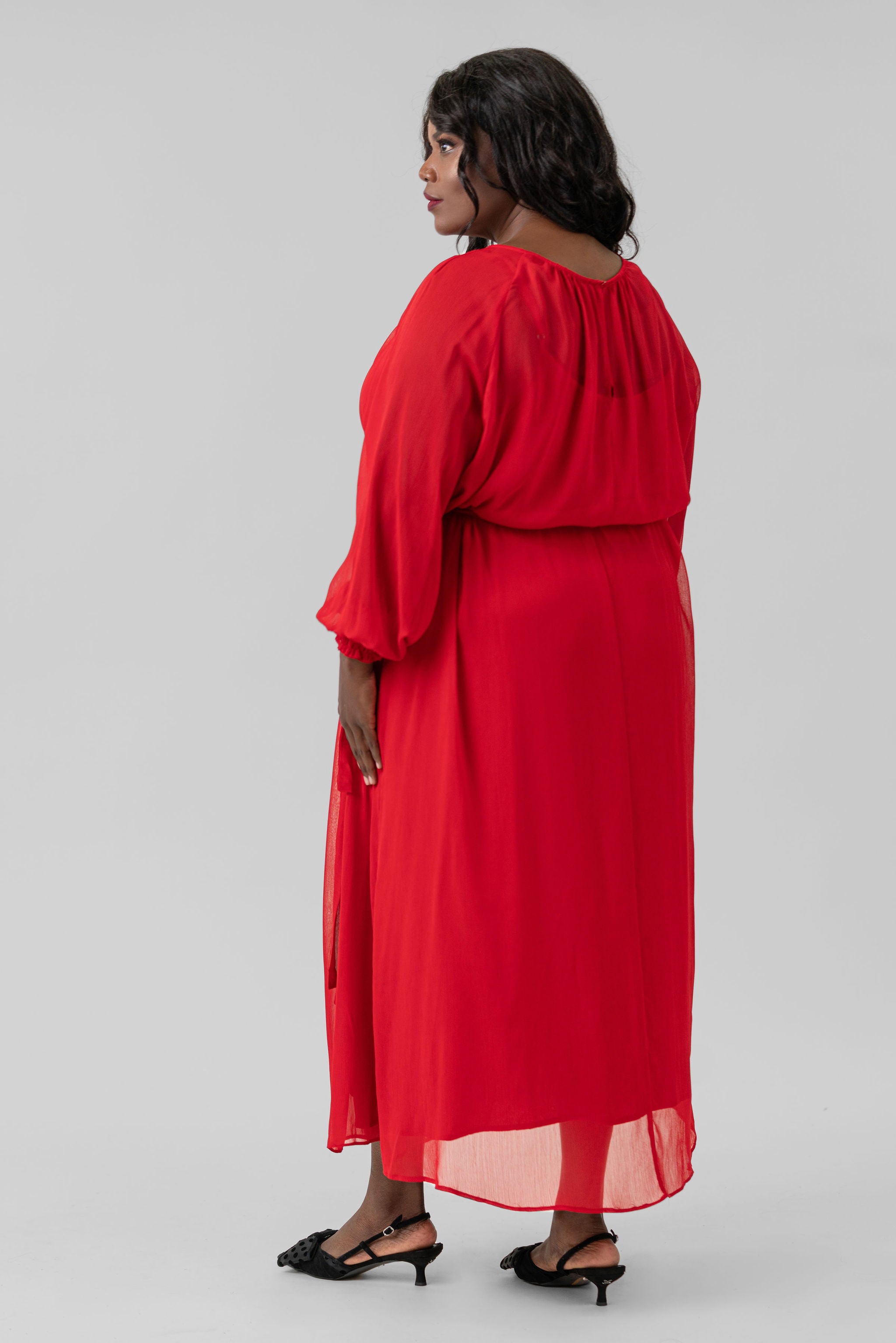 RED LONG SLEEVE GEORGETTE DRESS plus-size - AMOUR781