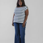 SHORT SLEEVE STRIPED BUTTON SHOULDER TOP plus-size - AMOUR781