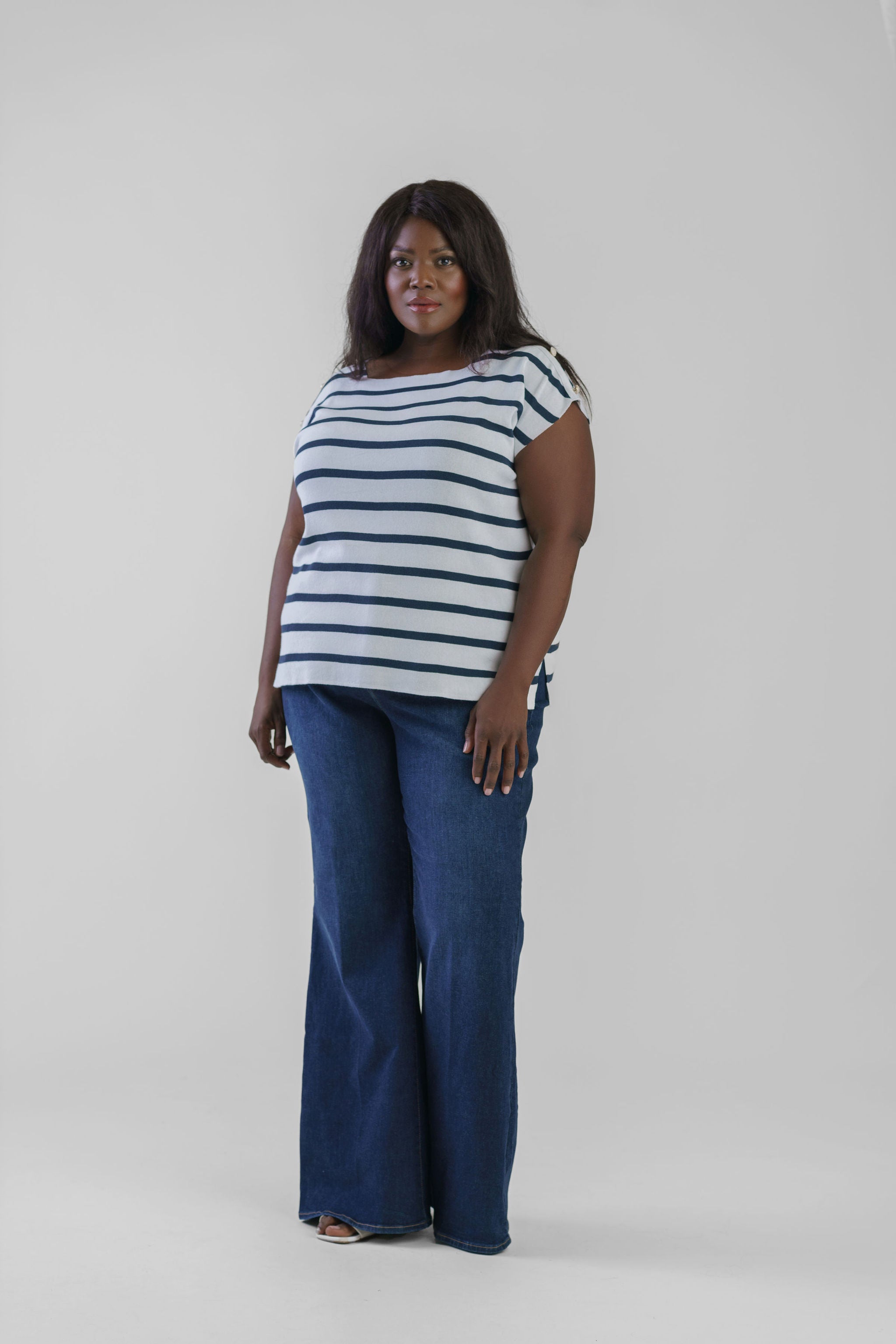 SHORT SLEEVE STRIPED BUTTON SHOULDER TOP plus-size - AMOUR781