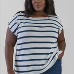 SHORT SLEEVE STRIPED BUTTON SHOULDER TOP plus-size - AMOUR781