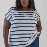 SHORT SLEEVE STRIPED BUTTON SHOULDER TOP plus-size - AMOUR781