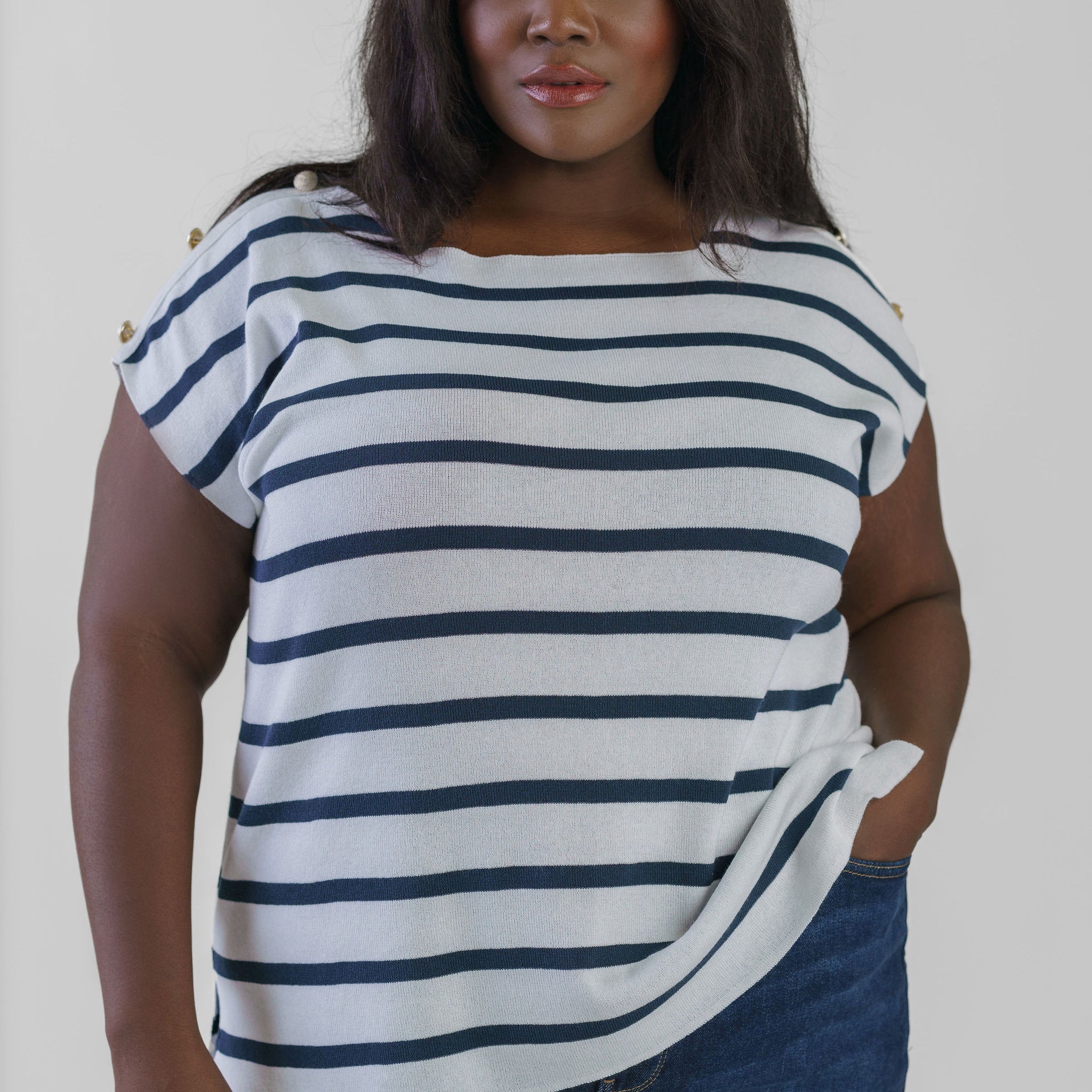 SHORT SLEEVE STRIPED BUTTON SHOULDER TOP plus-size - AMOUR781